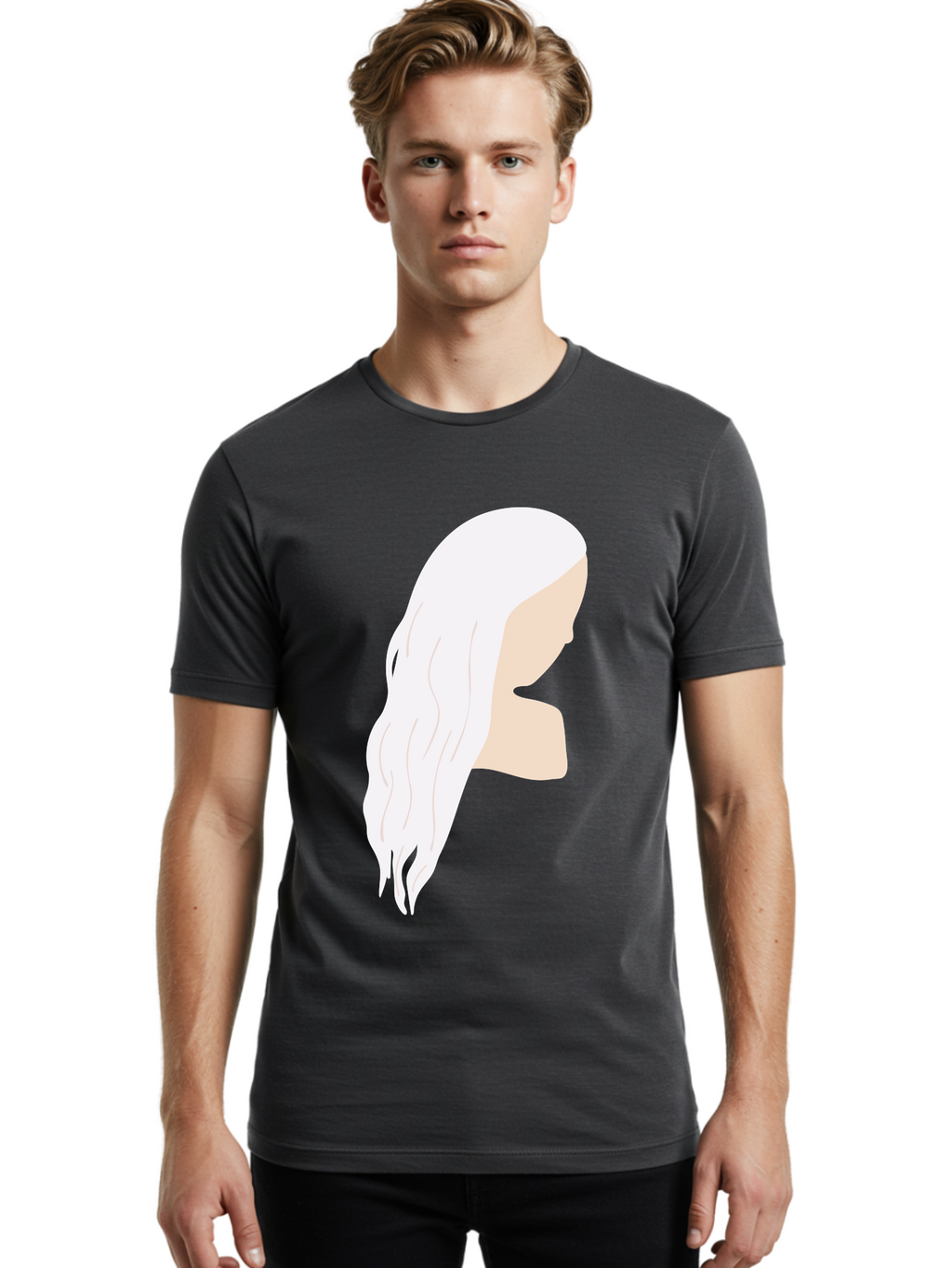 Woman-With-White-Hair Men'S Graphic Tee, 100% Cotton, Comfortable Casual Summer Wear, Machine Washable, Woman With White Hair, Long Hair, Side View, Female Profile, Wavy Hair Texture, Minimalist Design, Simple Illustration, Aae084