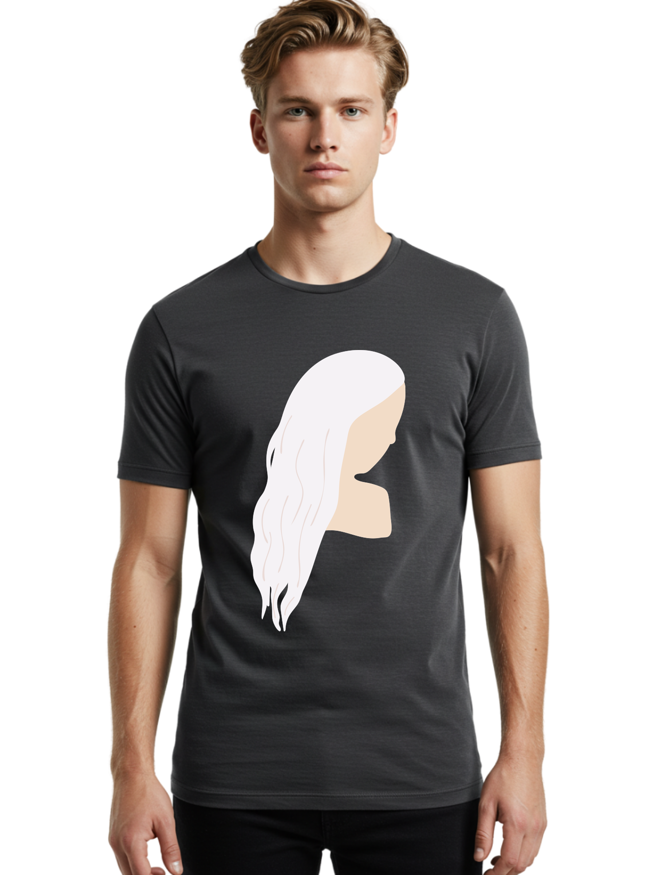 Woman-With-White-Hair Men'S Graphic Tee, 100% Cotton, Comfortable Casual Summer Wear, Machine Washable, Woman With White Hair, Long Hair, Side View, Female Profile, Wavy Hair Texture, Minimalist Design, Simple Illustration, Aae084