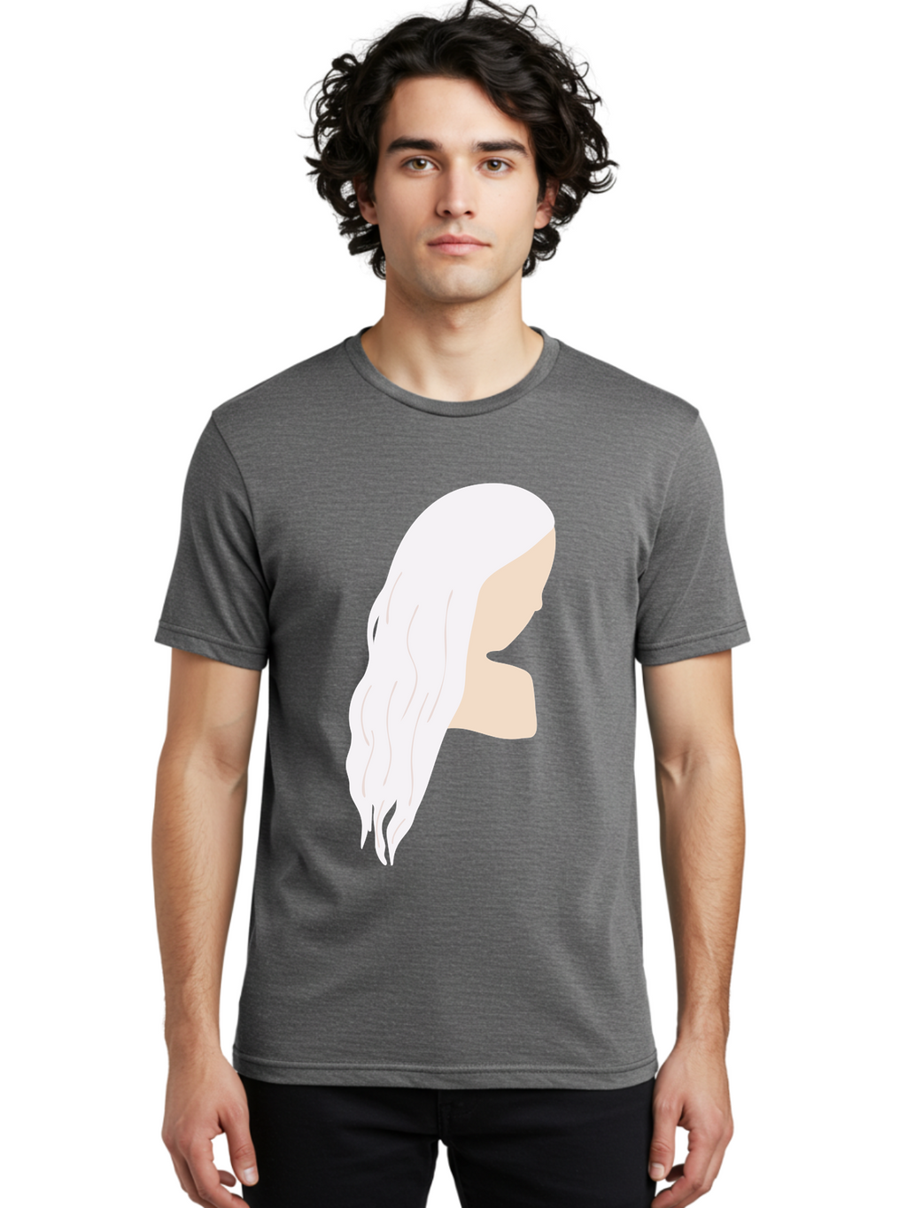 Woman-With-White-Hair Men'S Graphic Tee, 100% Cotton, Comfortable Casual Summer Wear, Machine Washable, Woman With White Hair, Long Hair, Side View, Female Profile, Wavy Hair Texture, Minimalist Design, Simple Illustration, Aae084