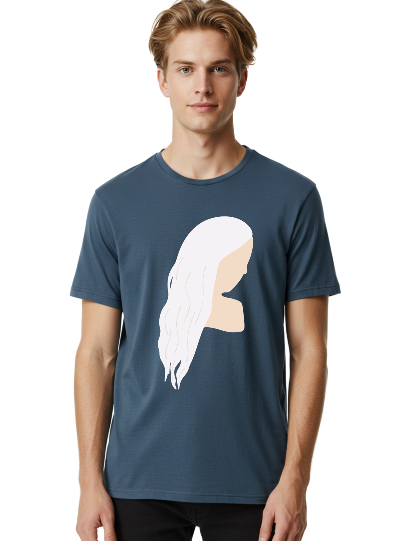 Woman-With-White-Hair Men'S Graphic Tee, 100% Cotton, Comfortable Casual Summer Wear, Machine Washable, Woman With White Hair, Long Hair, Side View, Female Profile, Wavy Hair Texture, Minimalist Design, Simple Illustration, Aae084
