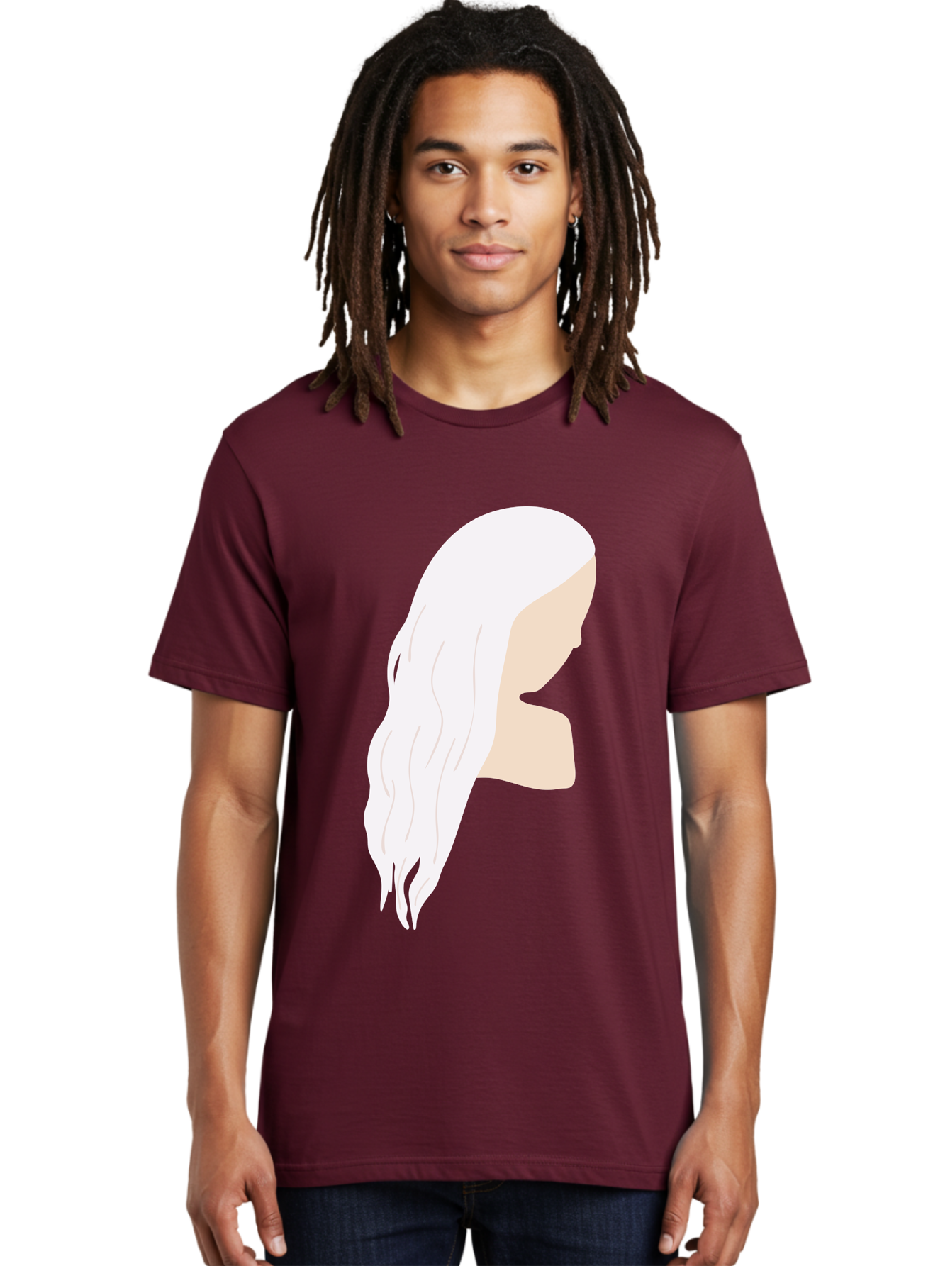 Woman-With-White-Hair Men'S Graphic Tee, 100% Cotton, Comfortable Casual Summer Wear, Machine Washable, Woman With White Hair, Long Hair, Side View, Female Profile, Wavy Hair Texture, Minimalist Design, Simple Illustration, Aae084