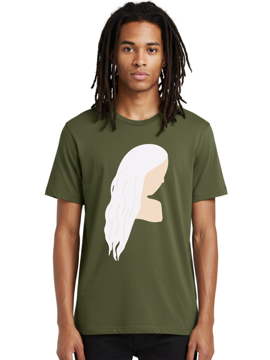 Woman-With-White-Hair Men'S Graphic Tee, 100% Cotton, Comfortable Casual Summer Wear, Machine Washable, Woman With White Hair, Long Hair, Side View, Female Profile, Wavy Hair Texture, Minimalist Design, Simple Illustration, Aae084