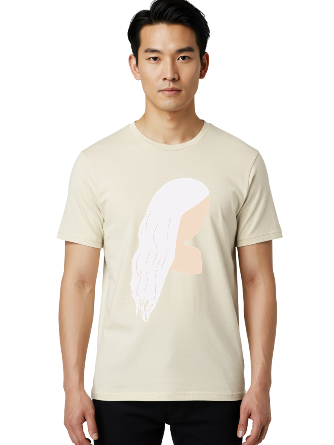 Woman-With-White-Hair Men'S Graphic Tee, 100% Cotton, Comfortable Casual Summer Wear, Machine Washable, Woman With White Hair, Long Hair, Side View, Female Profile, Wavy Hair Texture, Minimalist Design, Simple Illustration, Aae084
