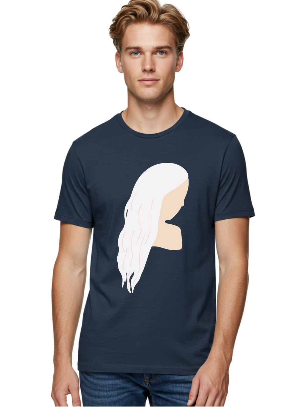Woman-With-White-Hair Men'S Graphic Tee, 100% Cotton, Comfortable Casual Summer Wear, Machine Washable, Woman With White Hair, Long Hair, Side View, Female Profile, Wavy Hair Texture, Minimalist Design, Simple Illustration, Aae084
