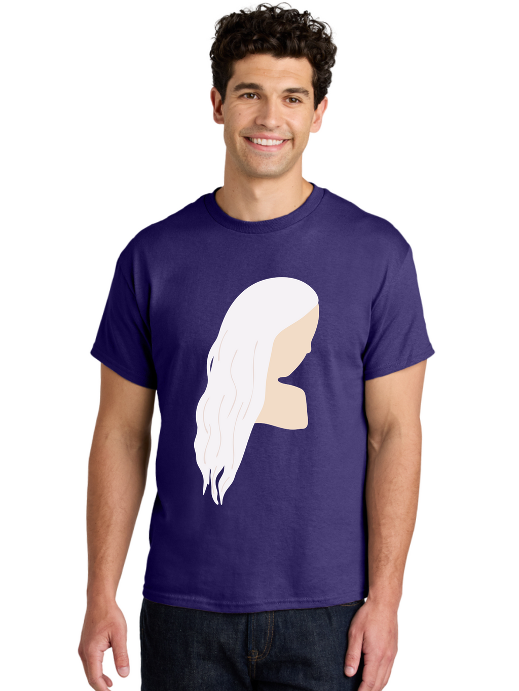 Woman-With-White-Hair Men'S Graphic Tee, 100% Cotton, Comfortable Casual Summer Wear, Machine Washable, Woman With White Hair, Long Hair, Side View, Female Profile, Wavy Hair Texture, Minimalist Design, Simple Illustration, Aae084