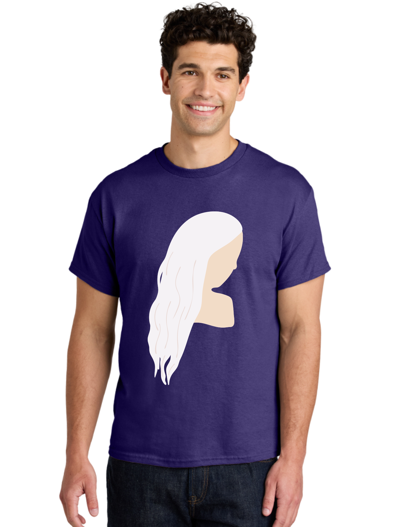 Woman-With-White-Hair Men'S Graphic Tee, 100% Cotton, Comfortable Casual Summer Wear, Machine Washable, Woman With White Hair, Long Hair, Side View, Female Profile, Wavy Hair Texture, Minimalist Design, Simple Illustration, Aae084