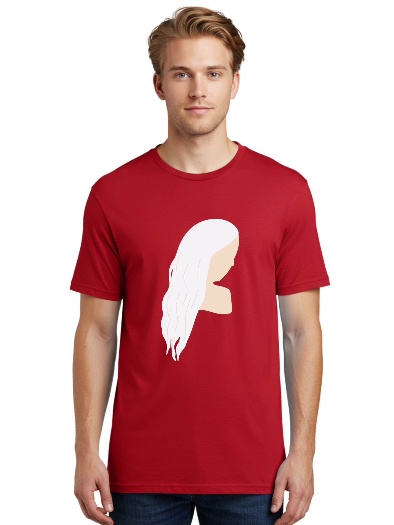 Woman-With-White-Hair Men'S Graphic Tee, 100% Cotton, Comfortable Casual Summer Wear, Machine Washable, Woman With White Hair, Long Hair, Side View, Female Profile, Wavy Hair Texture, Minimalist Design, Simple Illustration, Aae084