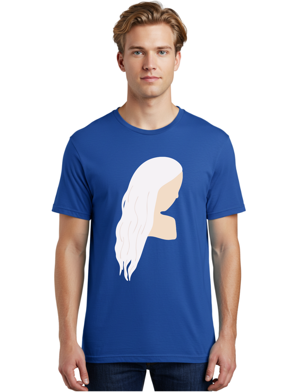 Woman-With-White-Hair Men'S Graphic Tee, 100% Cotton, Comfortable Casual Summer Wear, Machine Washable, Woman With White Hair, Long Hair, Side View, Female Profile, Wavy Hair Texture, Minimalist Design, Simple Illustration, Aae084
