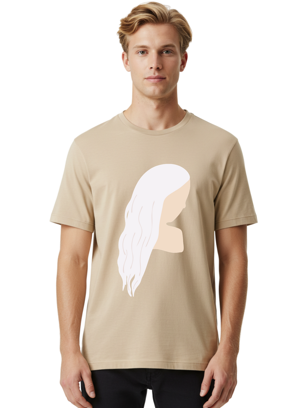Woman-With-White-Hair Men'S Graphic Tee, 100% Cotton, Comfortable Casual Summer Wear, Machine Washable, Woman With White Hair, Long Hair, Side View, Female Profile, Wavy Hair Texture, Minimalist Design, Simple Illustration, Aae084