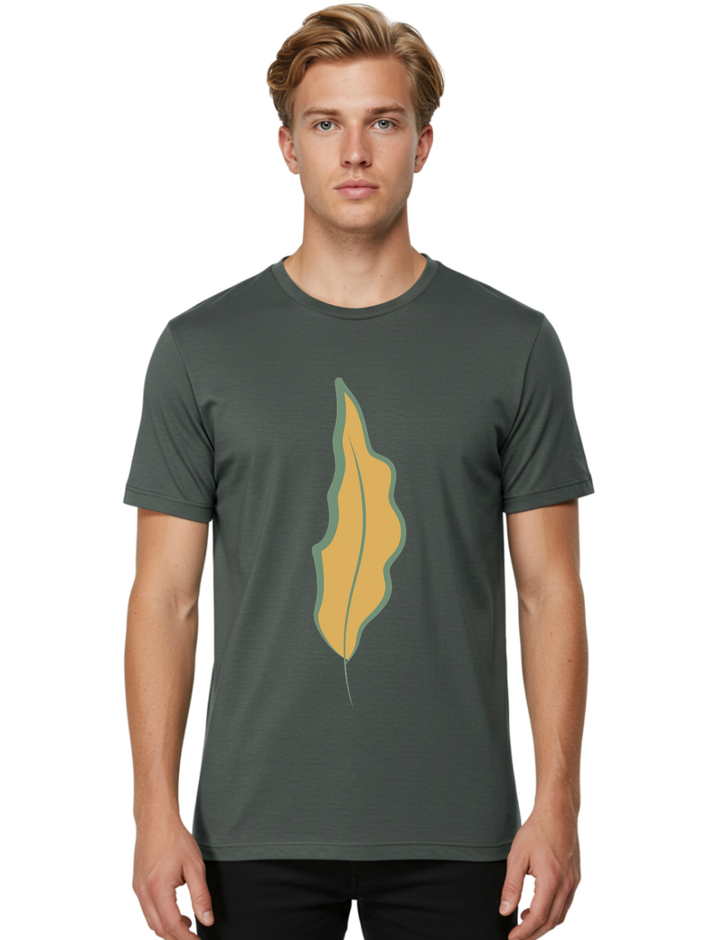 Yellow-Leaf-2 Men'S Graphic Tee, 100% Cotton, Comfortable Casual Summer Wear, Machine Washable, Yellow Leaf, Autumn Leaf, Foliage, Leaf Illustration, Simple Design, Digital Art, Orange Color, Gray Outline Aae086