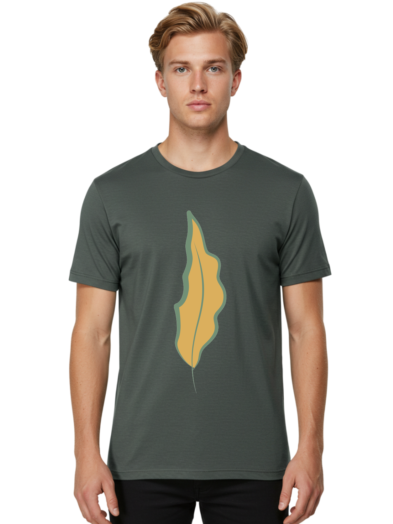 Yellow-Leaf-2 Men'S Graphic Tee, 100% Cotton, Comfortable Casual Summer Wear, Machine Washable, Yellow Leaf, Autumn Leaf, Foliage, Leaf Illustration, Simple Design, Digital Art, Orange Color, Gray Outline Aae086