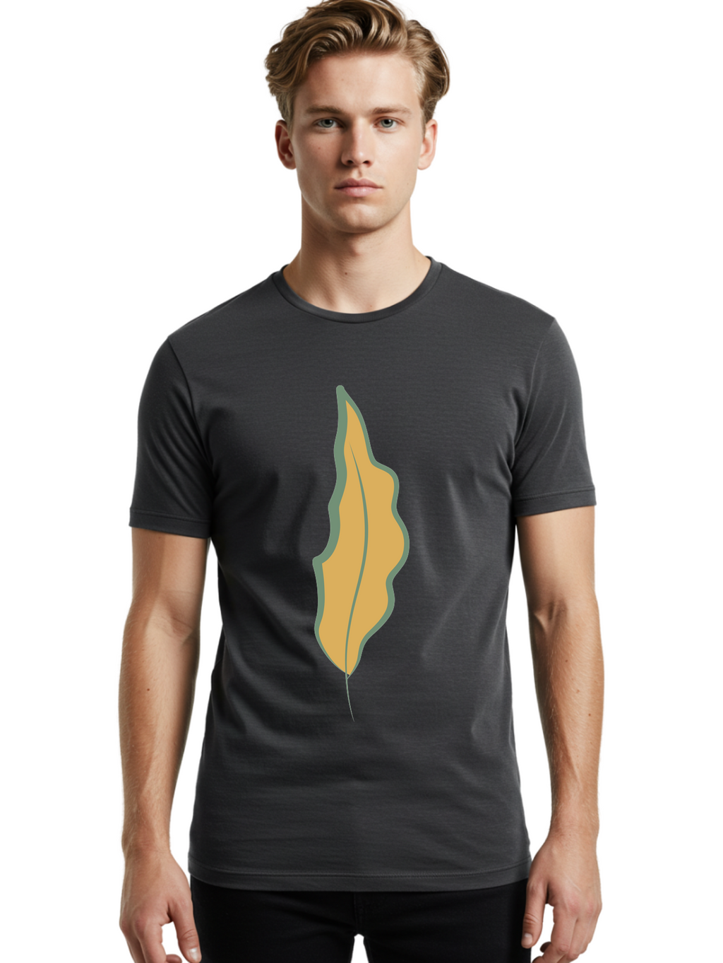 Yellow-Leaf-2 Men'S Graphic Tee, 100% Cotton, Comfortable Casual Summer Wear, Machine Washable, Yellow Leaf, Autumn Leaf, Foliage, Leaf Illustration, Simple Design, Digital Art, Orange Color, Gray Outline Aae086