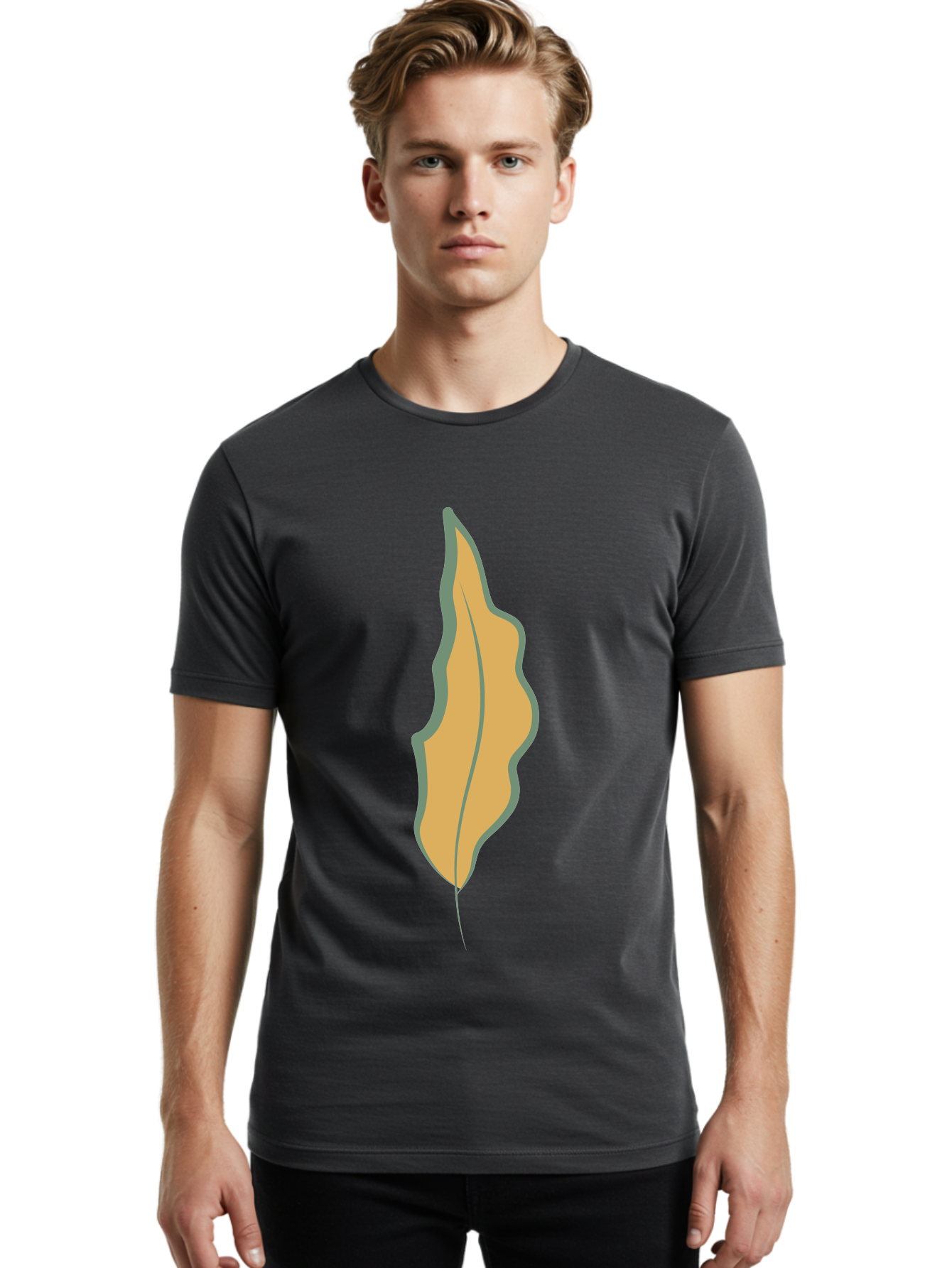 Yellow-Leaf-2 Men'S Graphic Tee, 100% Cotton, Comfortable Casual Summer Wear, Machine Washable, Yellow Leaf, Autumn Leaf, Foliage, Leaf Illustration, Simple Design, Digital Art, Orange Color, Gray Outline Aae086