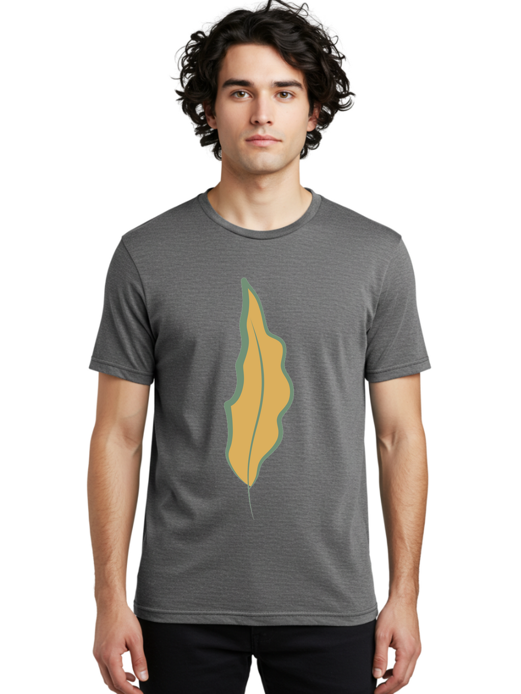 Yellow-Leaf-2 Men'S Graphic Tee, 100% Cotton, Comfortable Casual Summer Wear, Machine Washable, Yellow Leaf, Autumn Leaf, Foliage, Leaf Illustration, Simple Design, Digital Art, Orange Color, Gray Outline Aae086