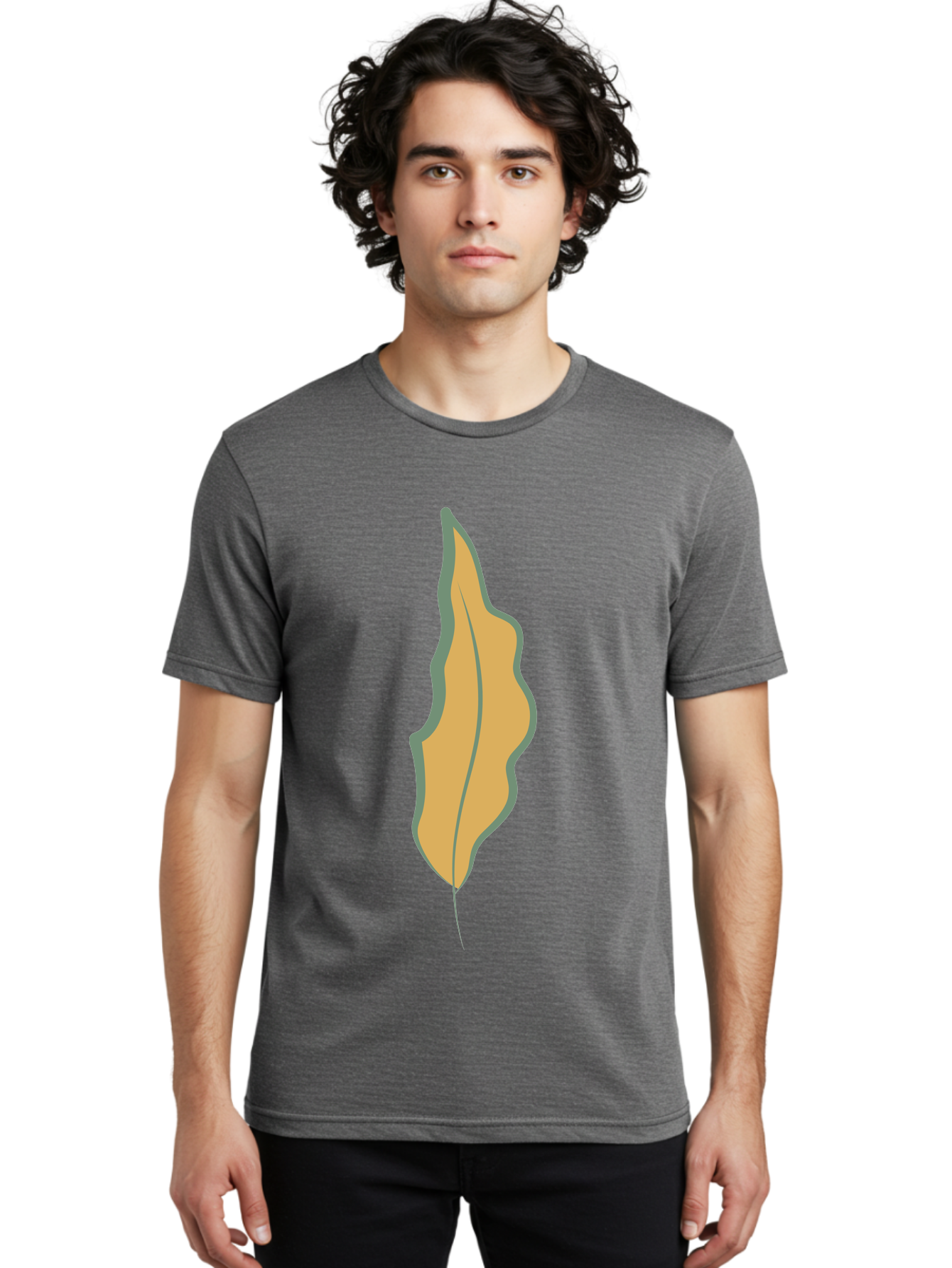 Yellow-Leaf-2 Men'S Graphic Tee, 100% Cotton, Comfortable Casual Summer Wear, Machine Washable, Yellow Leaf, Autumn Leaf, Foliage, Leaf Illustration, Simple Design, Digital Art, Orange Color, Gray Outline Aae086