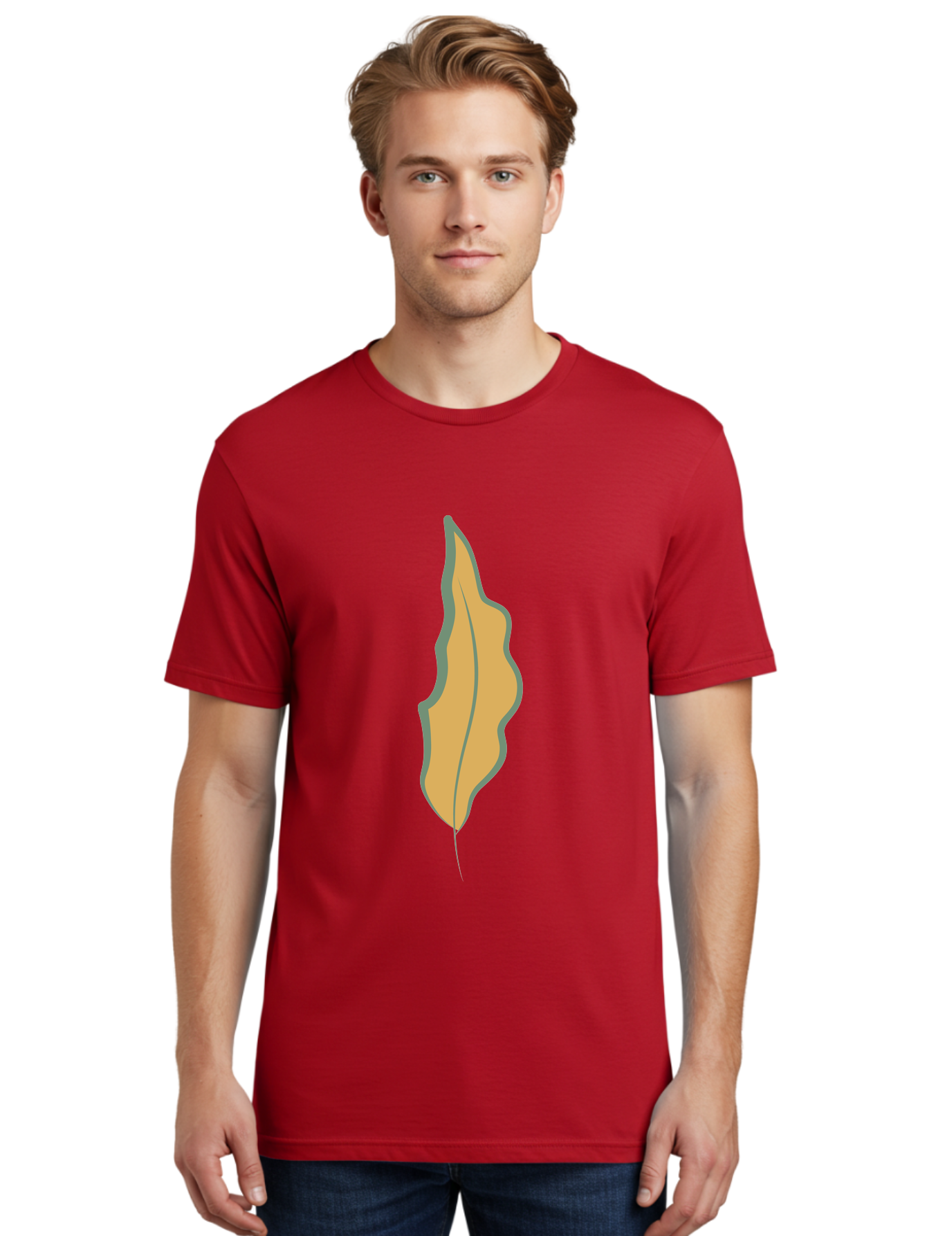 Yellow-Leaf-2 Men'S Graphic Tee, 100% Cotton, Comfortable Casual Summer Wear, Machine Washable, Yellow Leaf, Autumn Leaf, Foliage, Leaf Illustration, Simple Design, Digital Art, Orange Color, Gray Outline Aae086