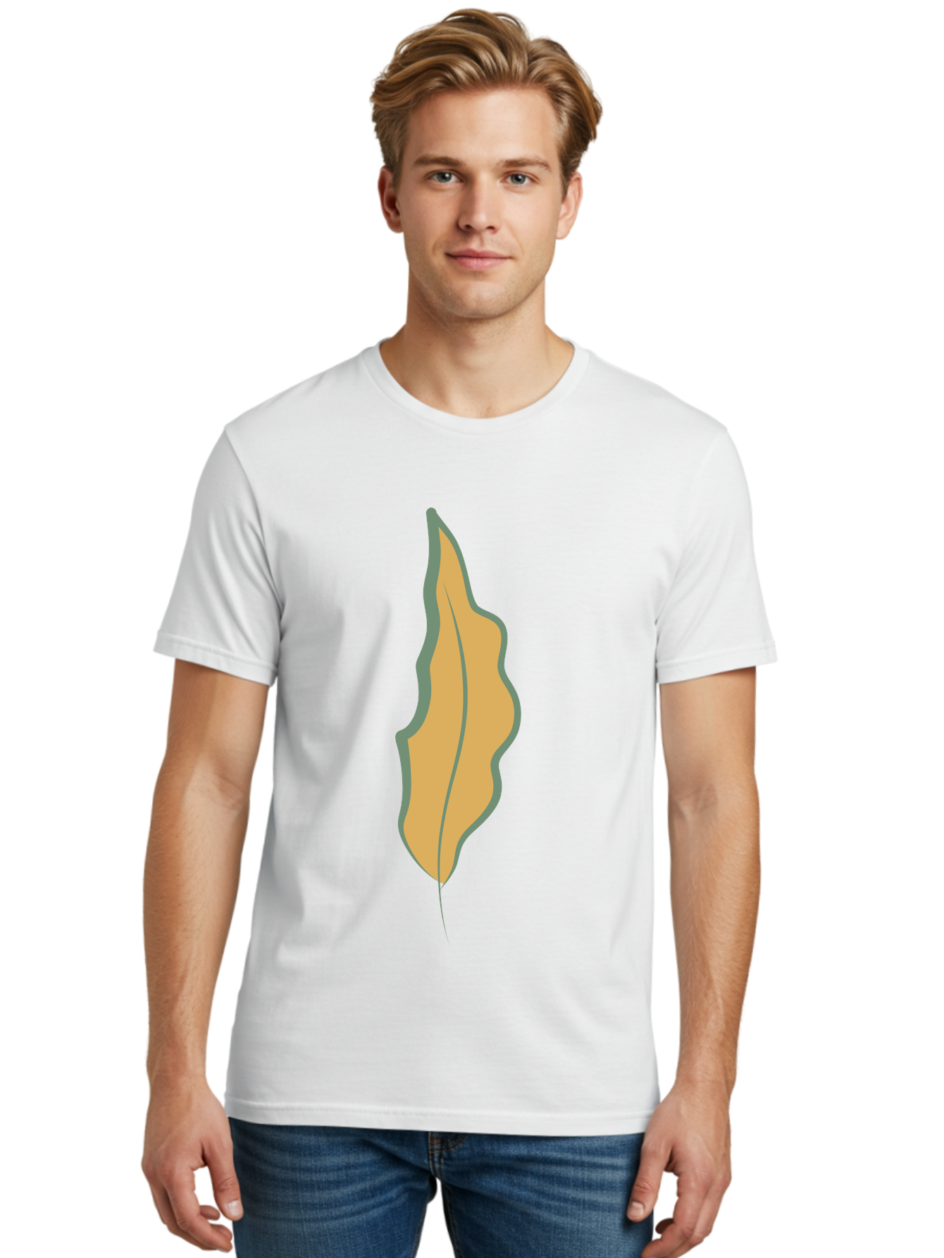 Yellow-Leaf-2 Men'S Graphic Tee, 100% Cotton, Comfortable Casual Summer Wear, Machine Washable, Yellow Leaf, Autumn Leaf, Foliage, Leaf Illustration, Simple Design, Digital Art, Orange Color, Gray Outline Aae086