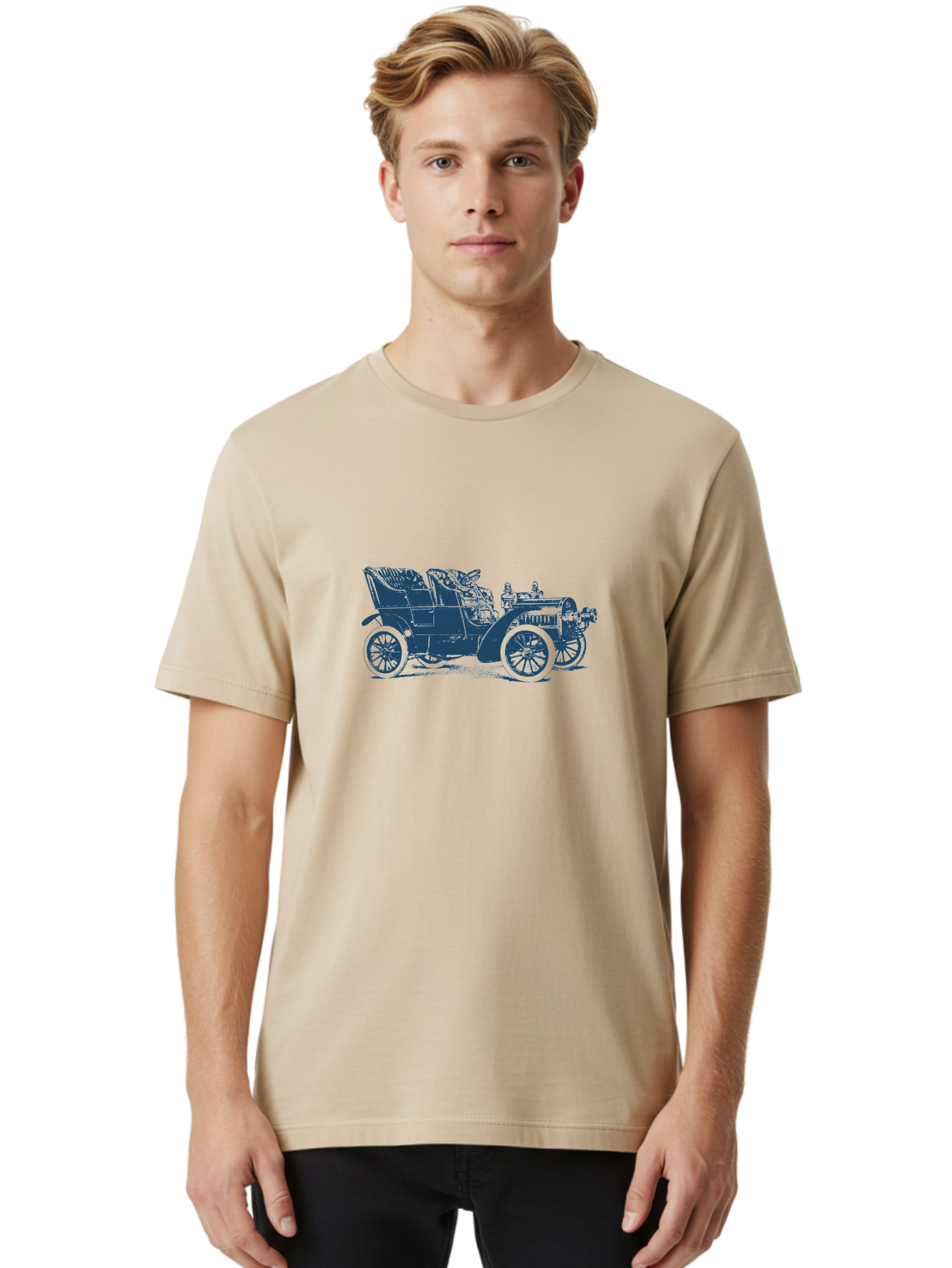 1900S Roadster Drawing Men'S Graphic Tee, 100% Cotton, Comfortable Casual Summer Wear, Machine Washable, Vintage Car, Classic Automobile, Antique Vehicle, Old-Fashioned Transportation, Horse-Less Carriage, Early 20Th Century Car, Retro Style Aae089