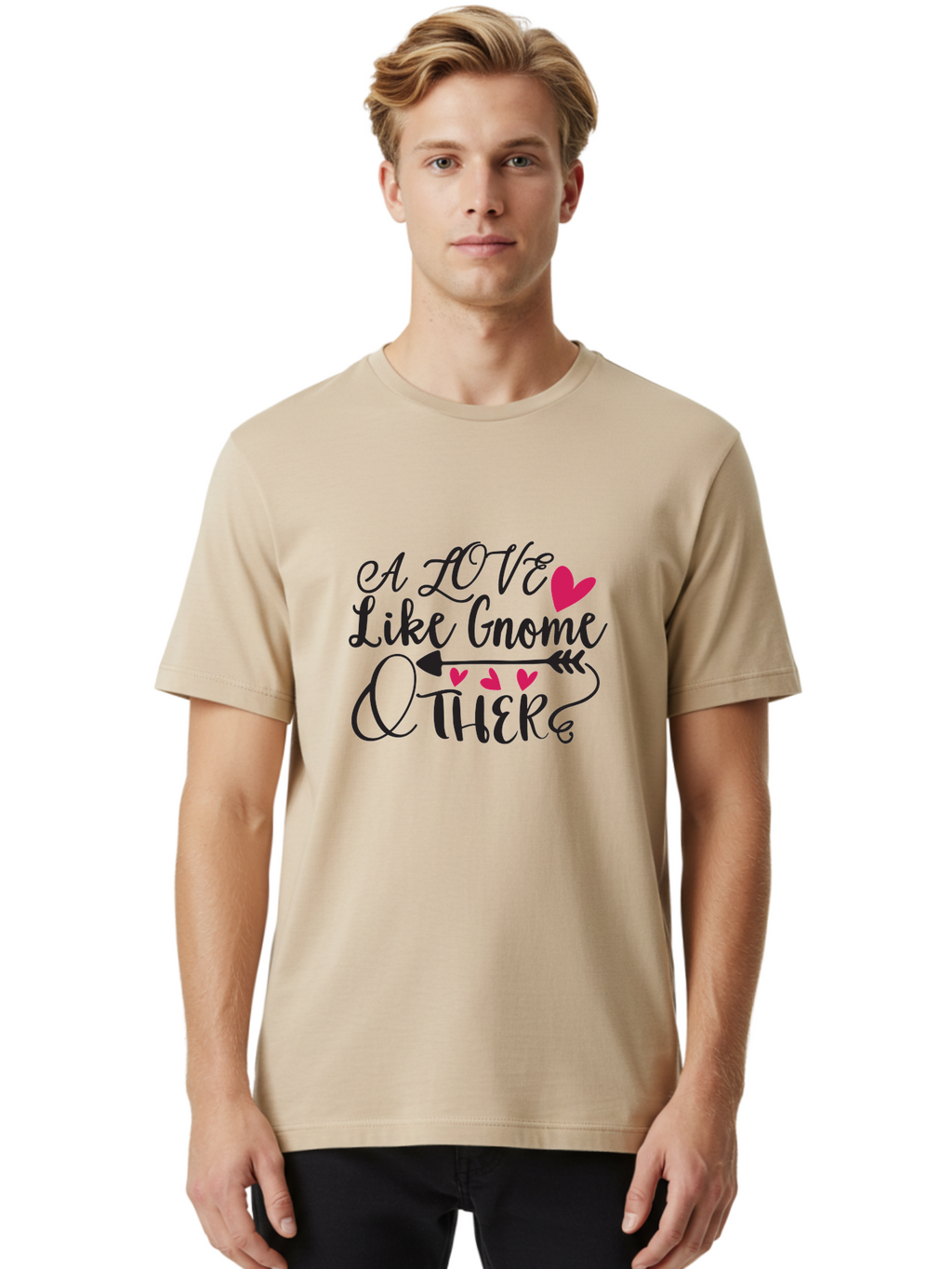 A Love Like Gnome Other Men'S Graphic Tee, 100% Cotton, Comfortable Casual Summer Wear, Machine Washable, Love Quote, Gnome Love, Quirky Phrase, Heartwarming Message, Playful Typography, Cute Design, Whimsical Hearts, Arrow Symbol Aae090
