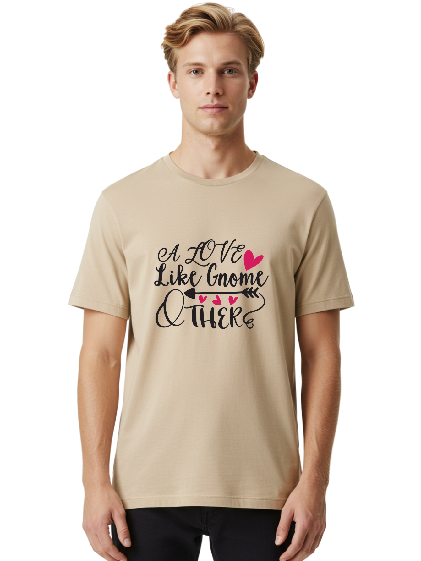 A Love Like Gnome Other Men'S Graphic Tee, 100% Cotton, Comfortable Casual Summer Wear, Machine Washable, Love Quote, Gnome Love, Quirky Phrase, Heartwarming Message, Playful Typography, Cute Design, Whimsical Hearts, Arrow Symbol Aae090