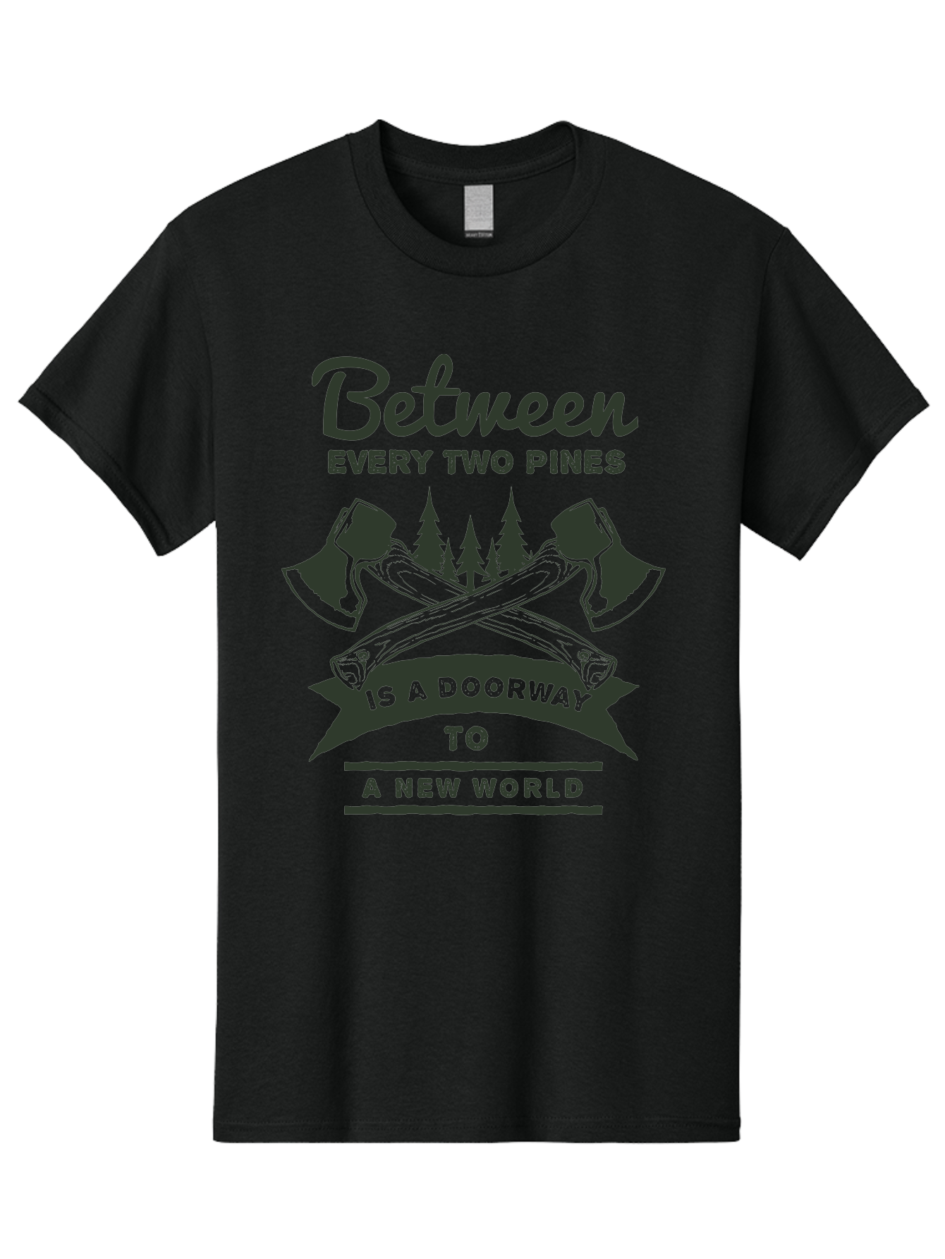 A New World Men'S Graphic Tee, 100% Cotton, Comfortable Casual Summer Wear, Machine Washable, Crossed Axes, Pine Trees, Doorway To A New World, Adventure, Exploration, Wilderness, Outdoors, Travel, Journey, New Beginnings Aae091