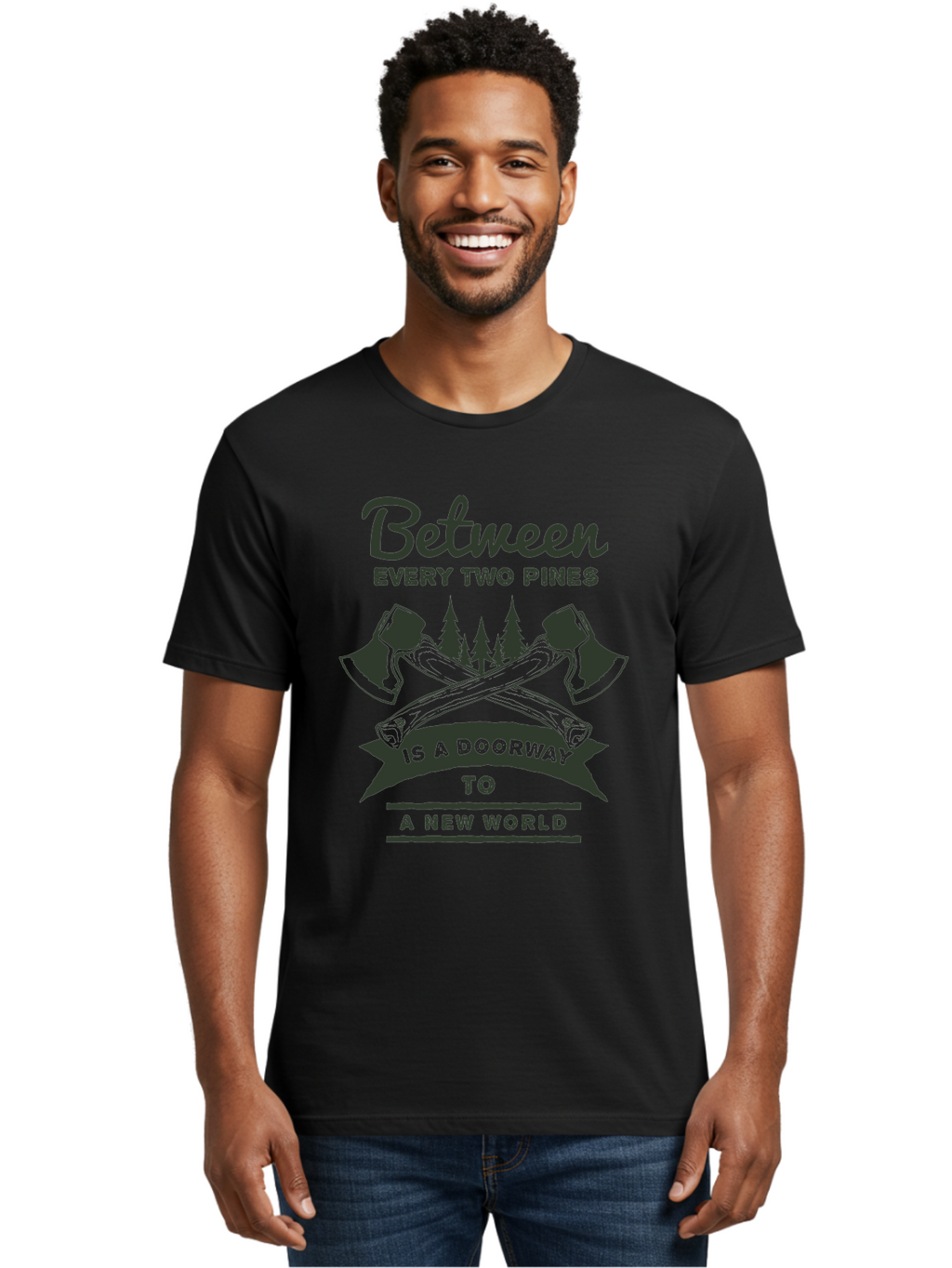 A New World Men'S Graphic Tee, 100% Cotton, Comfortable Casual Summer Wear, Machine Washable, Crossed Axes, Pine Trees, Doorway To A New World, Adventure, Exploration, Wilderness, Outdoors, Travel, Journey, New Beginnings Aae091