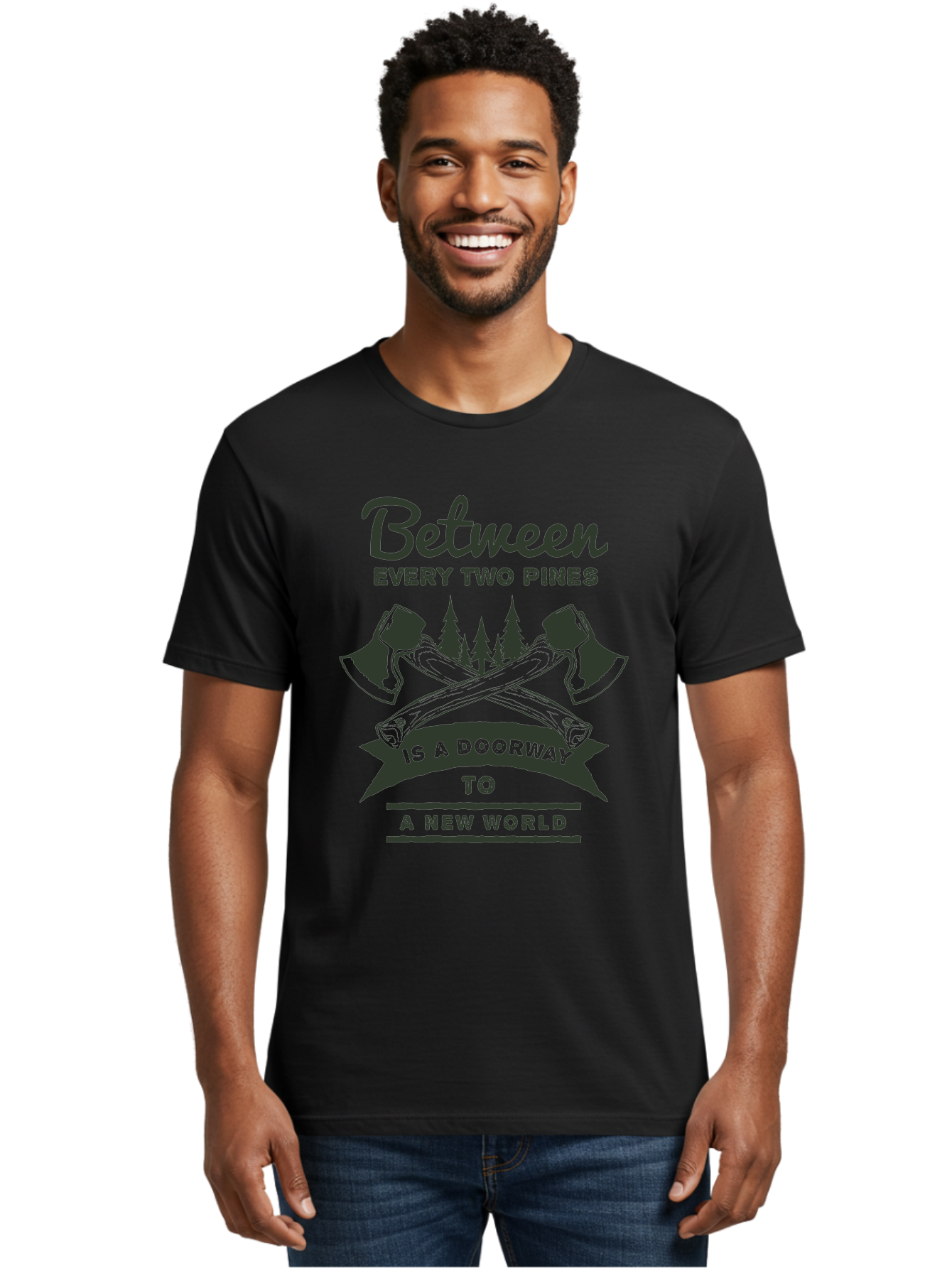 A New World Men'S Graphic Tee, 100% Cotton, Comfortable Casual Summer Wear, Machine Washable, Crossed Axes, Pine Trees, Doorway To A New World, Adventure, Exploration, Wilderness, Outdoors, Travel, Journey, New Beginnings Aae091