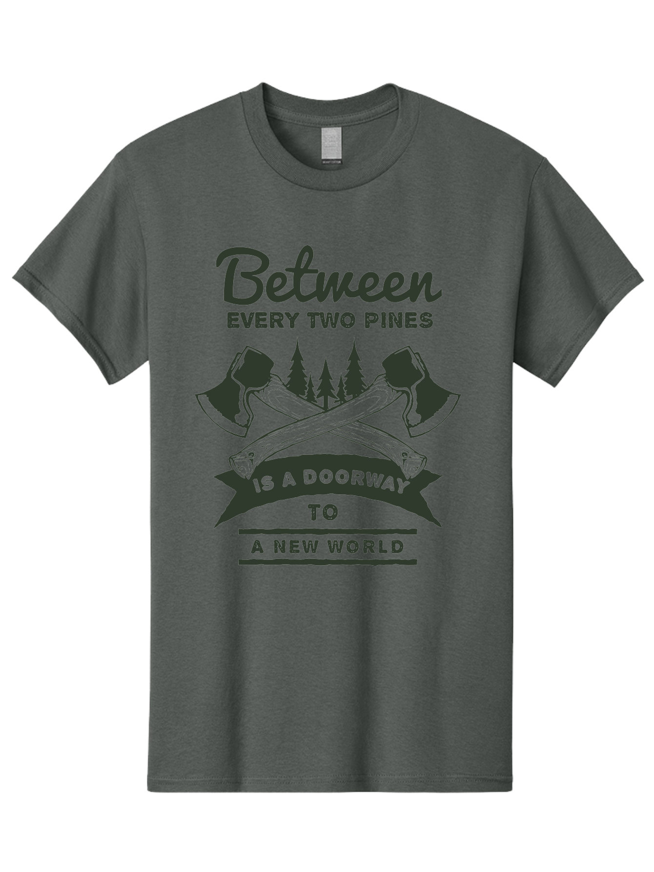 A New World Men'S Graphic Tee, 100% Cotton, Comfortable Casual Summer Wear, Machine Washable, Crossed Axes, Pine Trees, Doorway To A New World, Adventure, Exploration, Wilderness, Outdoors, Travel, Journey, New Beginnings Aae091