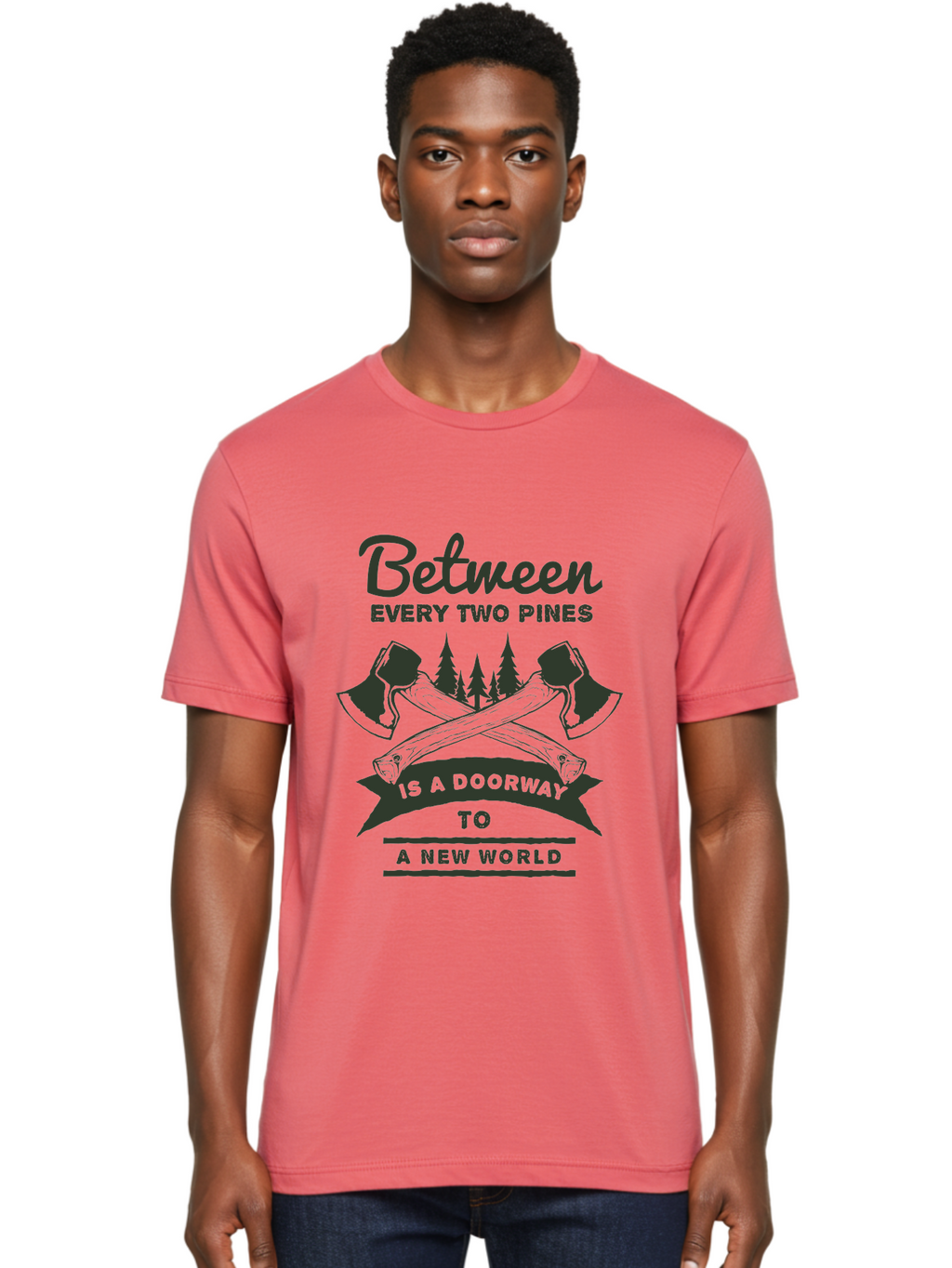 A New World Men'S Graphic Tee, 100% Cotton, Comfortable Casual Summer Wear, Machine Washable, Crossed Axes, Pine Trees, Doorway To A New World, Adventure, Exploration, Wilderness, Outdoors, Travel, Journey, New Beginnings Aae091
