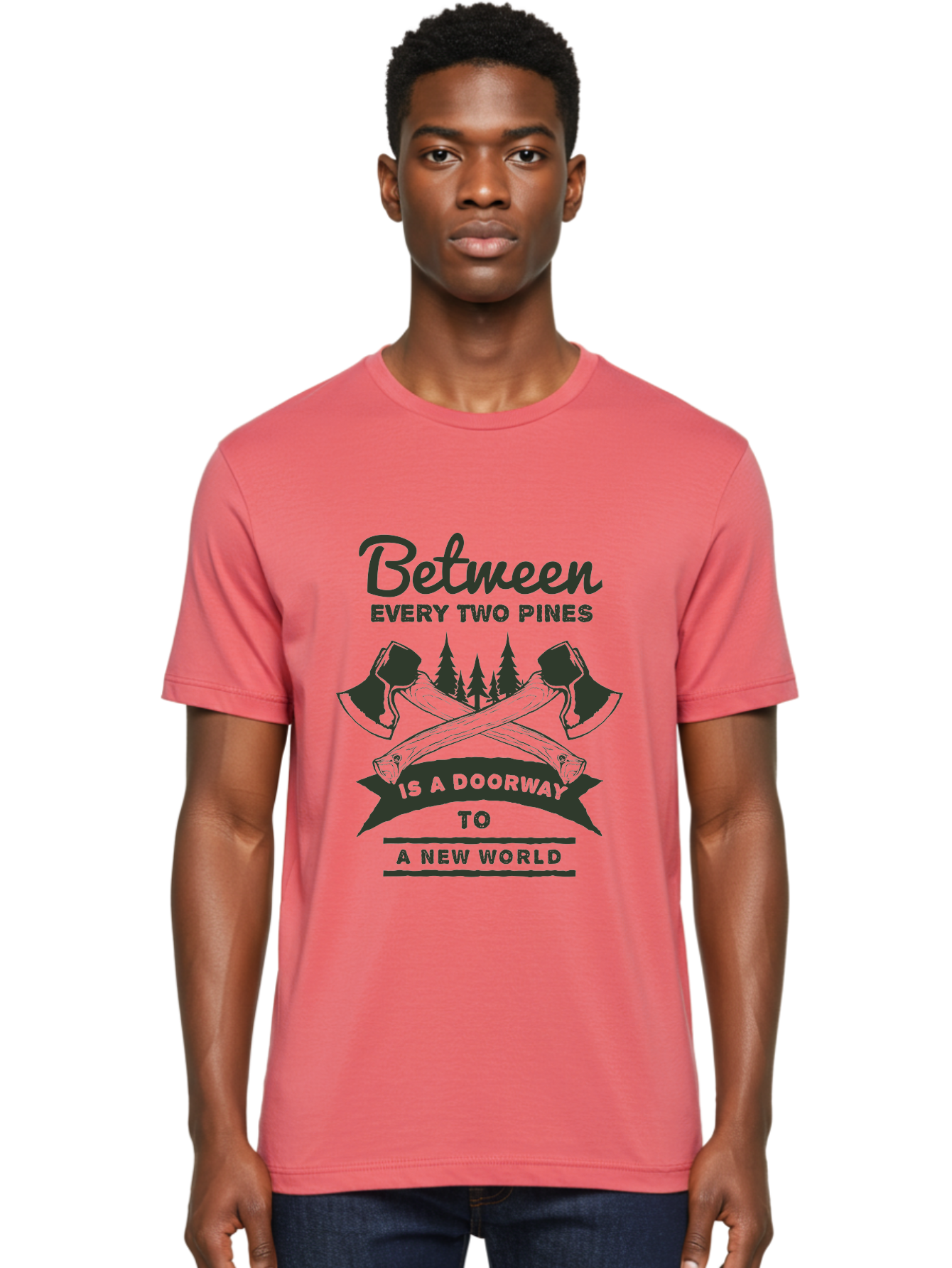 A New World Men'S Graphic Tee, 100% Cotton, Comfortable Casual Summer Wear, Machine Washable, Crossed Axes, Pine Trees, Doorway To A New World, Adventure, Exploration, Wilderness, Outdoors, Travel, Journey, New Beginnings Aae091