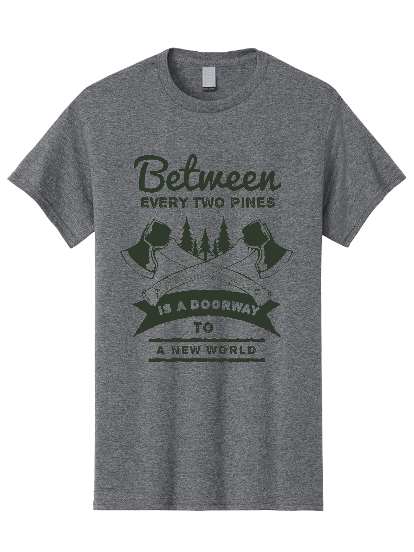 A New World Men'S Graphic Tee, 100% Cotton, Comfortable Casual Summer Wear, Machine Washable, Crossed Axes, Pine Trees, Doorway To A New World, Adventure, Exploration, Wilderness, Outdoors, Travel, Journey, New Beginnings Aae091