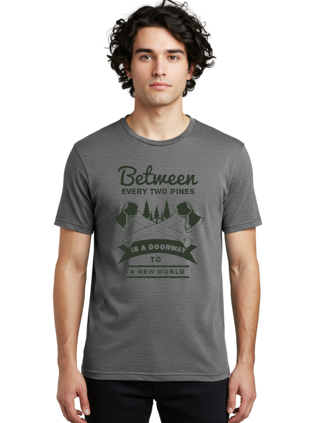 A New World Men'S Graphic Tee, 100% Cotton, Comfortable Casual Summer Wear, Machine Washable, Crossed Axes, Pine Trees, Doorway To A New World, Adventure, Exploration, Wilderness, Outdoors, Travel, Journey, New Beginnings Aae091