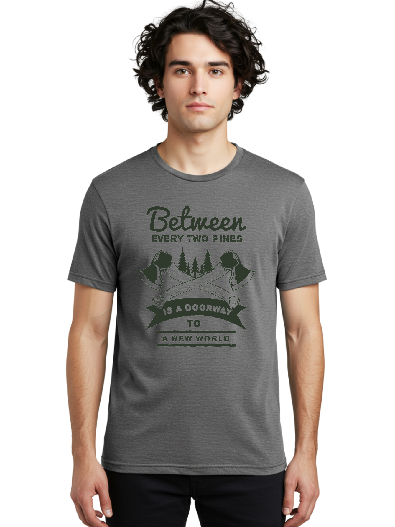 A New World Men'S Graphic Tee, 100% Cotton, Comfortable Casual Summer Wear, Machine Washable, Crossed Axes, Pine Trees, Doorway To A New World, Adventure, Exploration, Wilderness, Outdoors, Travel, Journey, New Beginnings Aae091