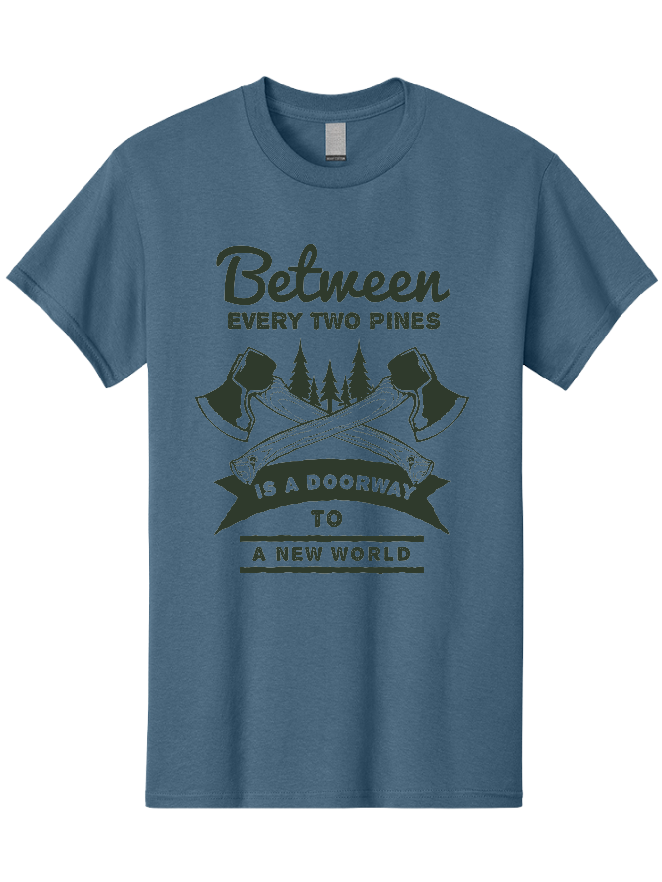 A New World Men'S Graphic Tee, 100% Cotton, Comfortable Casual Summer Wear, Machine Washable, Crossed Axes, Pine Trees, Doorway To A New World, Adventure, Exploration, Wilderness, Outdoors, Travel, Journey, New Beginnings Aae091