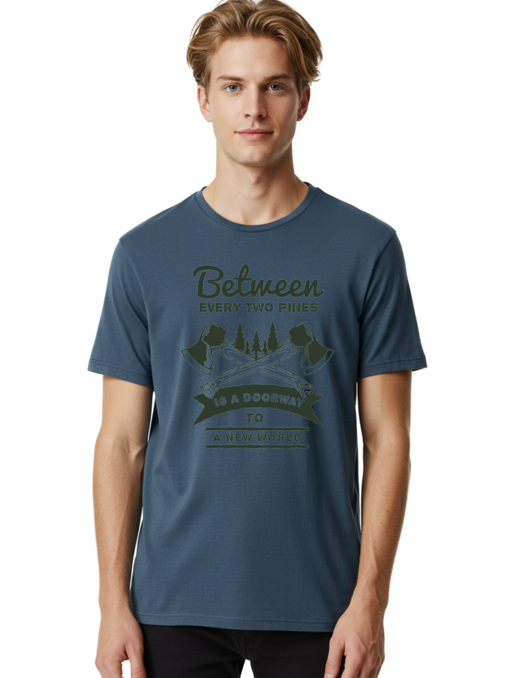 A New World Men'S Graphic Tee, 100% Cotton, Comfortable Casual Summer Wear, Machine Washable, Crossed Axes, Pine Trees, Doorway To A New World, Adventure, Exploration, Wilderness, Outdoors, Travel, Journey, New Beginnings Aae091