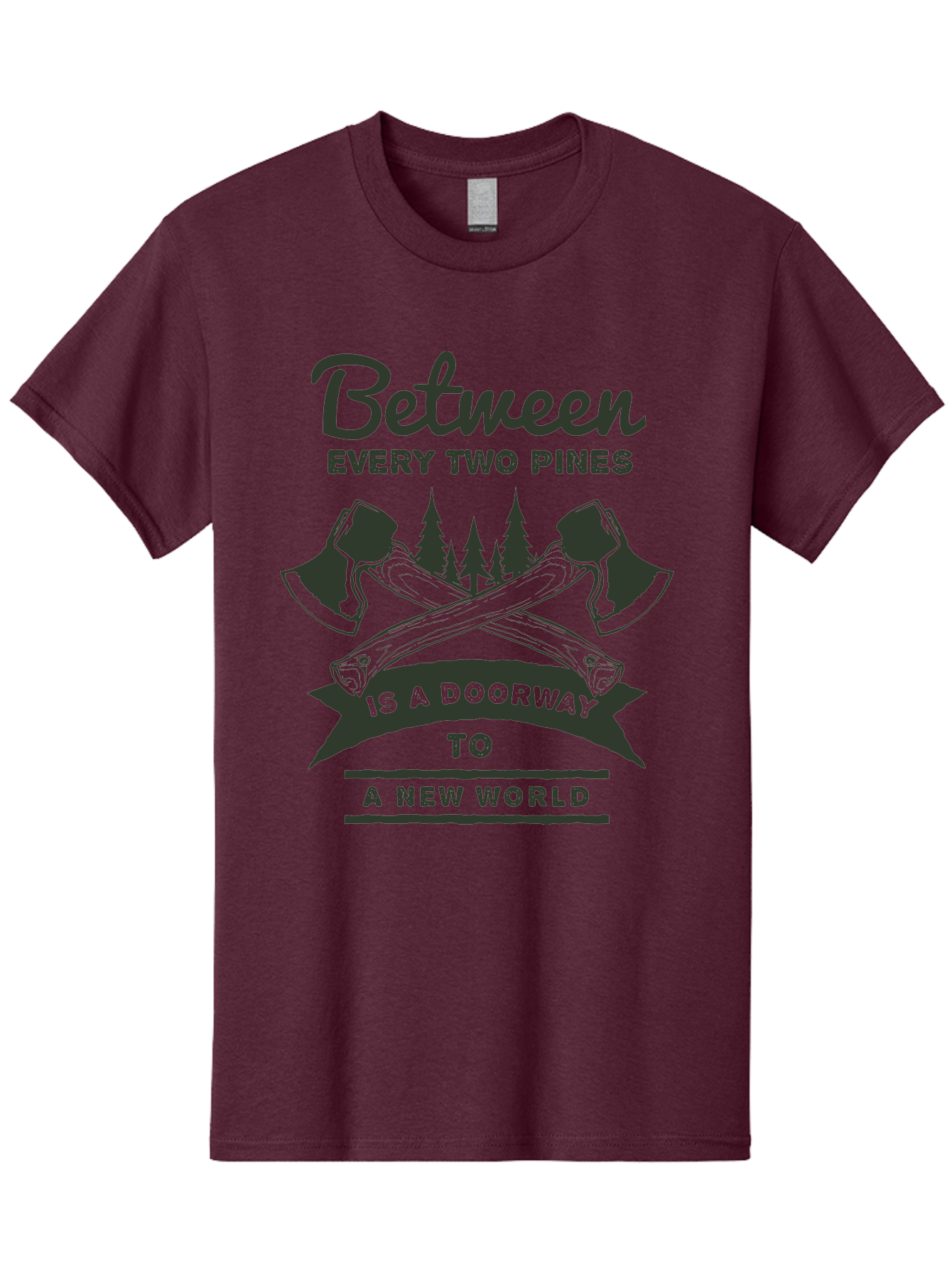 A New World Men'S Graphic Tee, 100% Cotton, Comfortable Casual Summer Wear, Machine Washable, Crossed Axes, Pine Trees, Doorway To A New World, Adventure, Exploration, Wilderness, Outdoors, Travel, Journey, New Beginnings Aae091