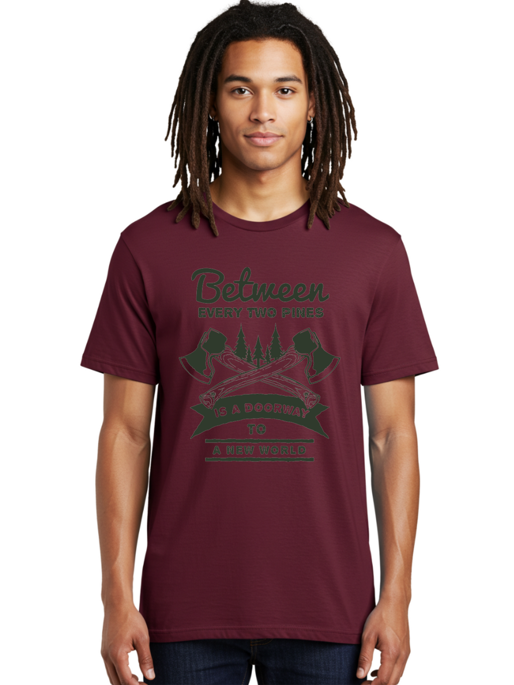 A New World Men'S Graphic Tee, 100% Cotton, Comfortable Casual Summer Wear, Machine Washable, Crossed Axes, Pine Trees, Doorway To A New World, Adventure, Exploration, Wilderness, Outdoors, Travel, Journey, New Beginnings Aae091