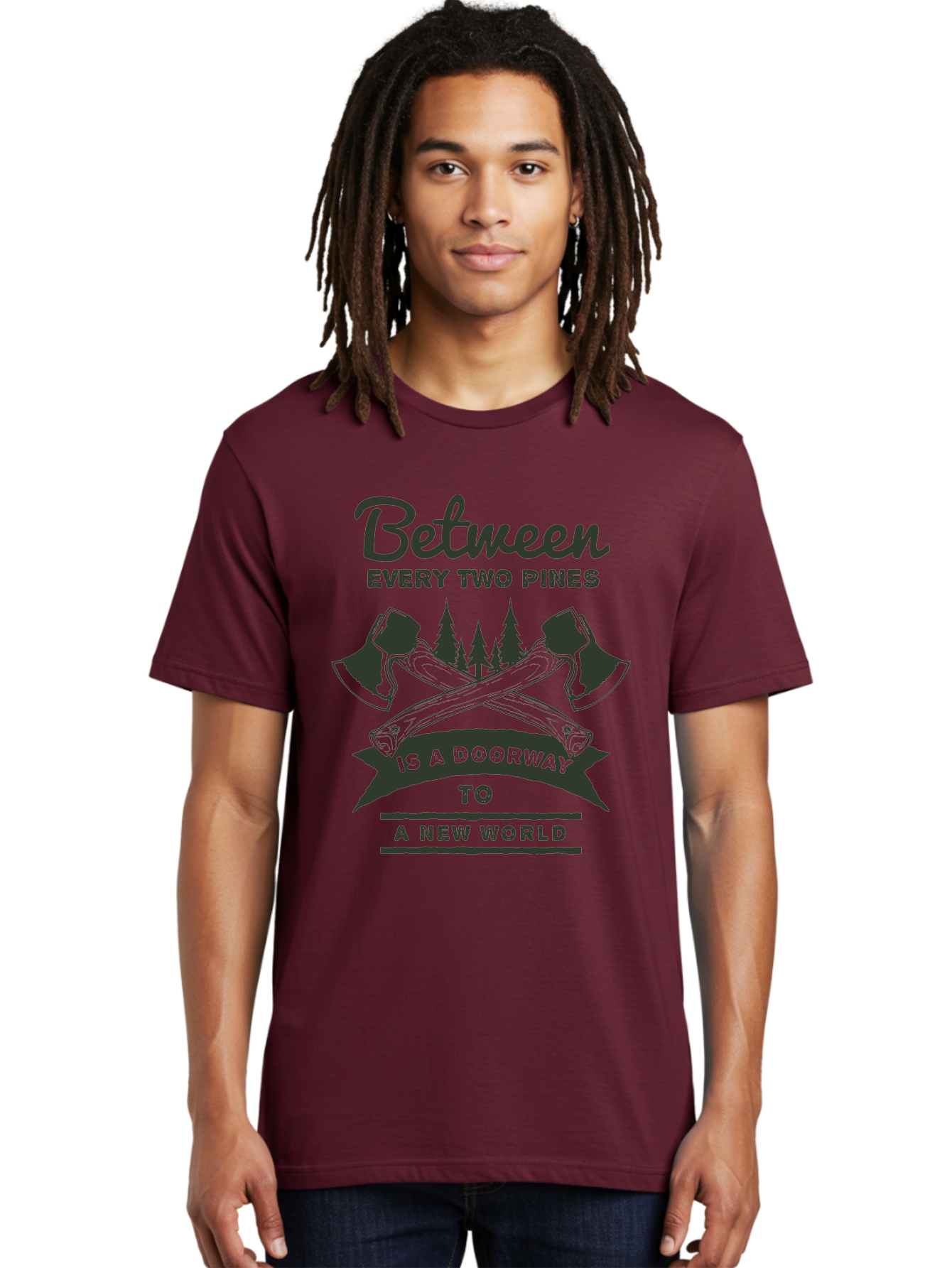 A New World Men'S Graphic Tee, 100% Cotton, Comfortable Casual Summer Wear, Machine Washable, Crossed Axes, Pine Trees, Doorway To A New World, Adventure, Exploration, Wilderness, Outdoors, Travel, Journey, New Beginnings Aae091