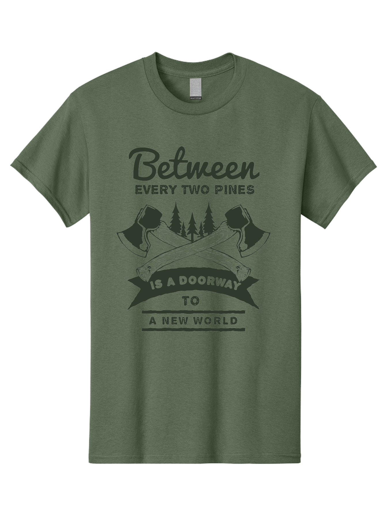 A New World Men'S Graphic Tee, 100% Cotton, Comfortable Casual Summer Wear, Machine Washable, Crossed Axes, Pine Trees, Doorway To A New World, Adventure, Exploration, Wilderness, Outdoors, Travel, Journey, New Beginnings Aae091