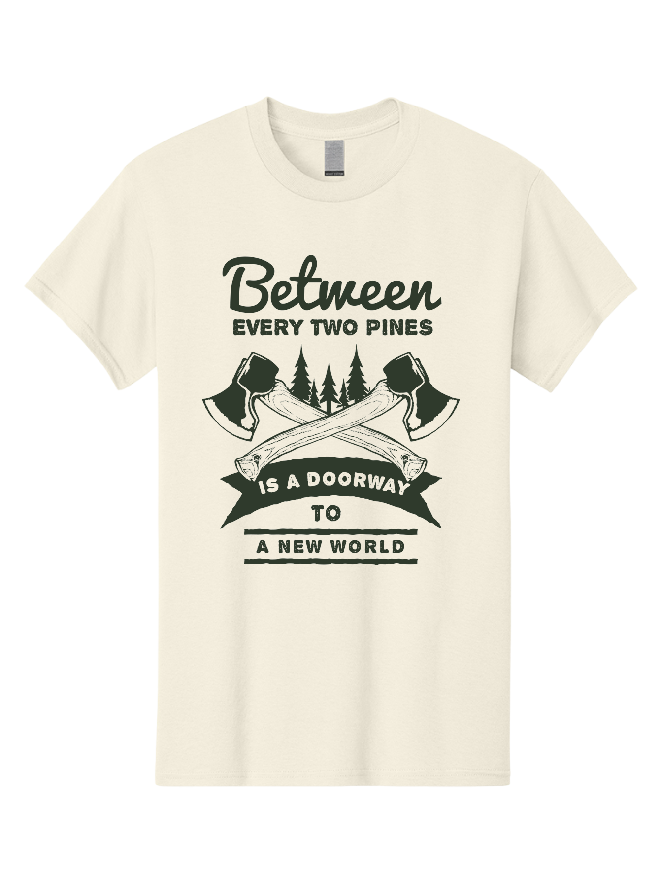 A New World Men'S Graphic Tee, 100% Cotton, Comfortable Casual Summer Wear, Machine Washable, Crossed Axes, Pine Trees, Doorway To A New World, Adventure, Exploration, Wilderness, Outdoors, Travel, Journey, New Beginnings Aae091