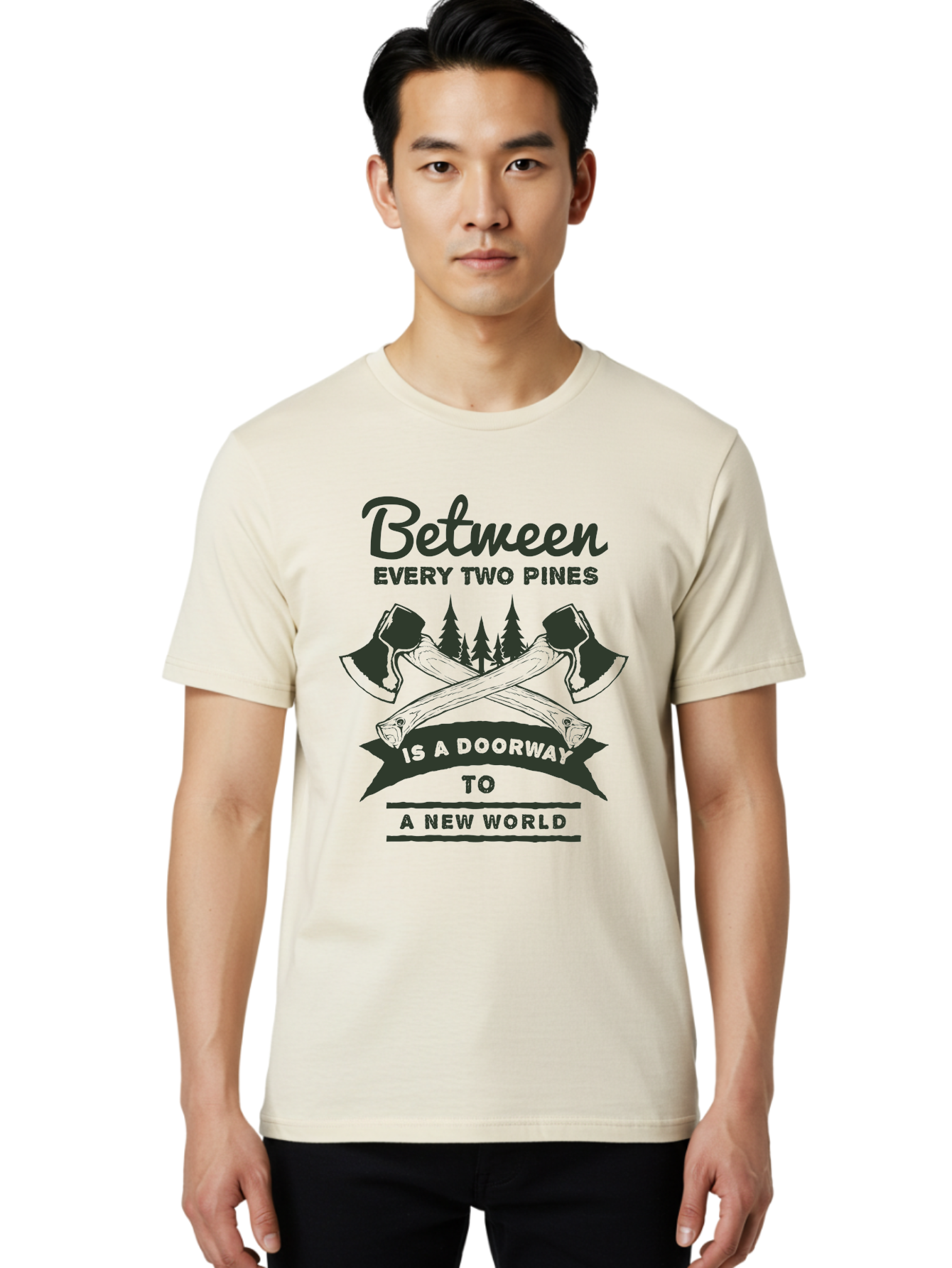 A New World Men'S Graphic Tee, 100% Cotton, Comfortable Casual Summer Wear, Machine Washable, Crossed Axes, Pine Trees, Doorway To A New World, Adventure, Exploration, Wilderness, Outdoors, Travel, Journey, New Beginnings Aae091