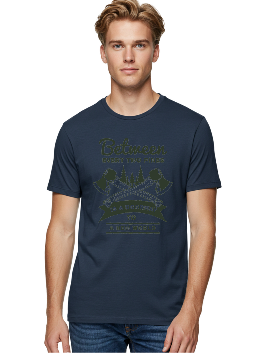 A New World Men'S Graphic Tee, 100% Cotton, Comfortable Casual Summer Wear, Machine Washable, Crossed Axes, Pine Trees, Doorway To A New World, Adventure, Exploration, Wilderness, Outdoors, Travel, Journey, New Beginnings Aae091