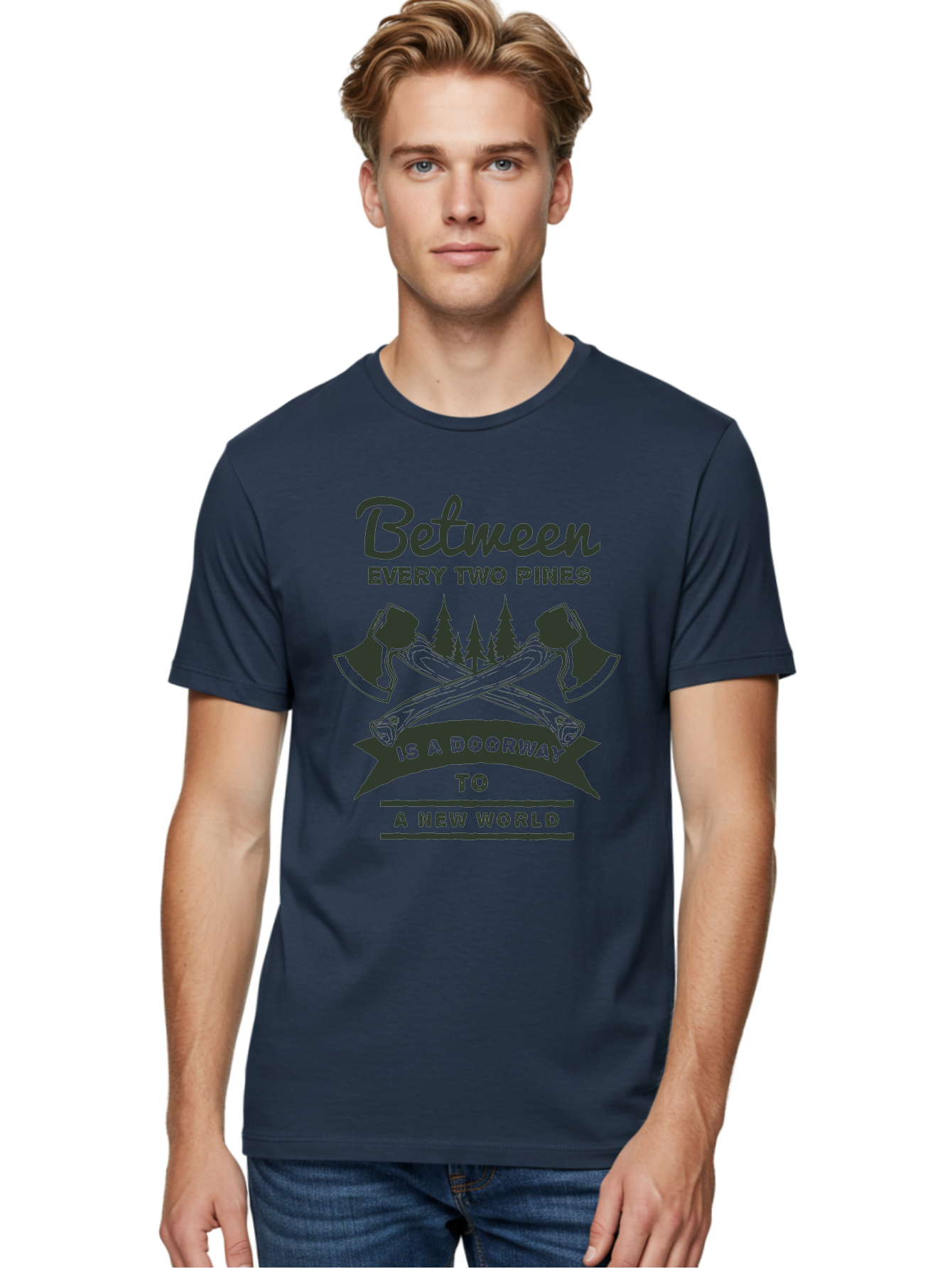 A New World Men'S Graphic Tee, 100% Cotton, Comfortable Casual Summer Wear, Machine Washable, Crossed Axes, Pine Trees, Doorway To A New World, Adventure, Exploration, Wilderness, Outdoors, Travel, Journey, New Beginnings Aae091