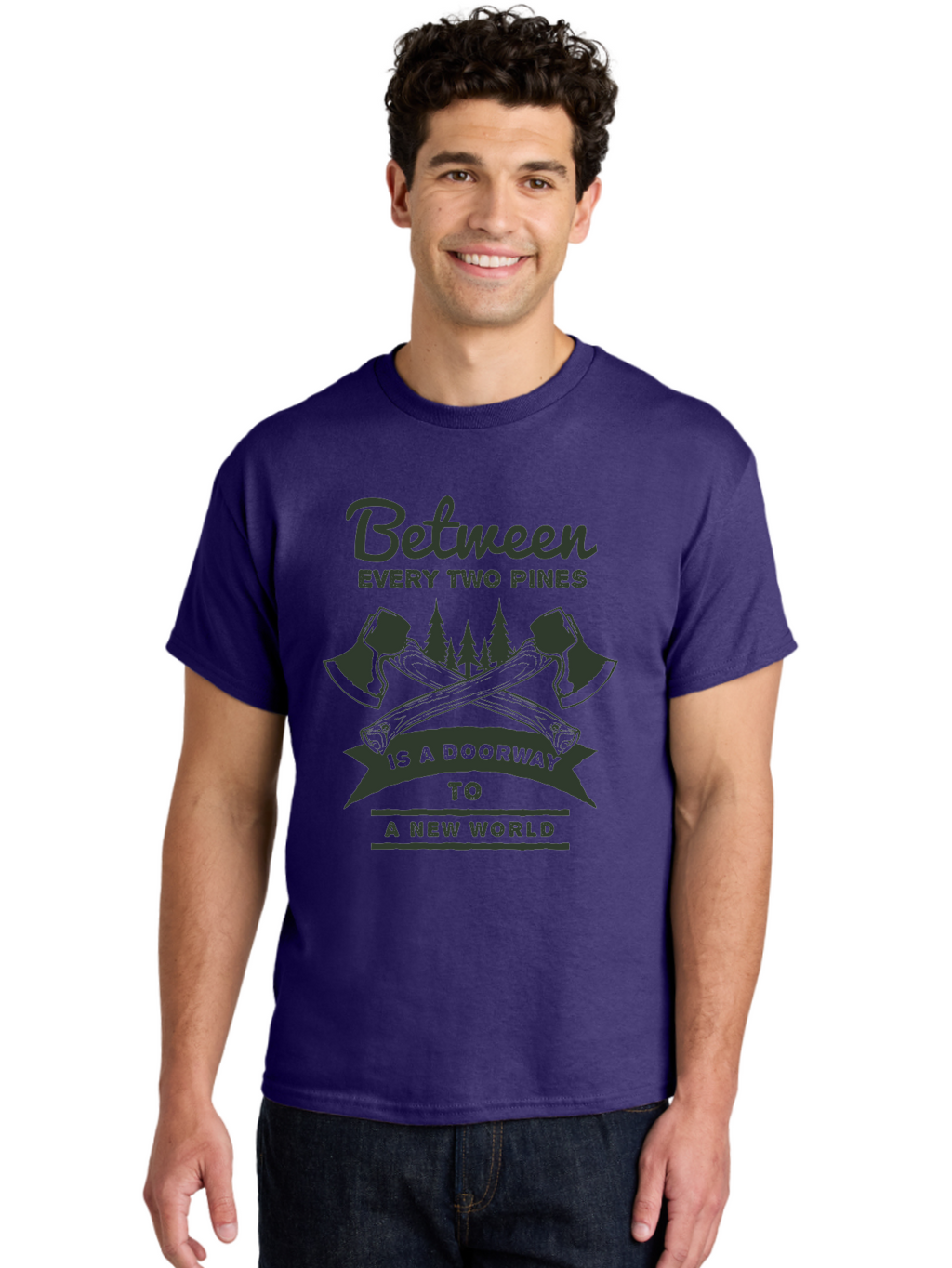 A New World Men'S Graphic Tee, 100% Cotton, Comfortable Casual Summer Wear, Machine Washable, Crossed Axes, Pine Trees, Doorway To A New World, Adventure, Exploration, Wilderness, Outdoors, Travel, Journey, New Beginnings Aae091