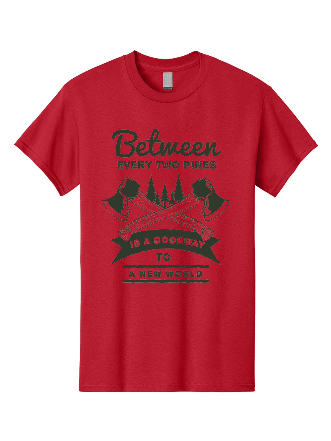 A New World Men'S Graphic Tee, 100% Cotton, Comfortable Casual Summer Wear, Machine Washable, Crossed Axes, Pine Trees, Doorway To A New World, Adventure, Exploration, Wilderness, Outdoors, Travel, Journey, New Beginnings Aae091