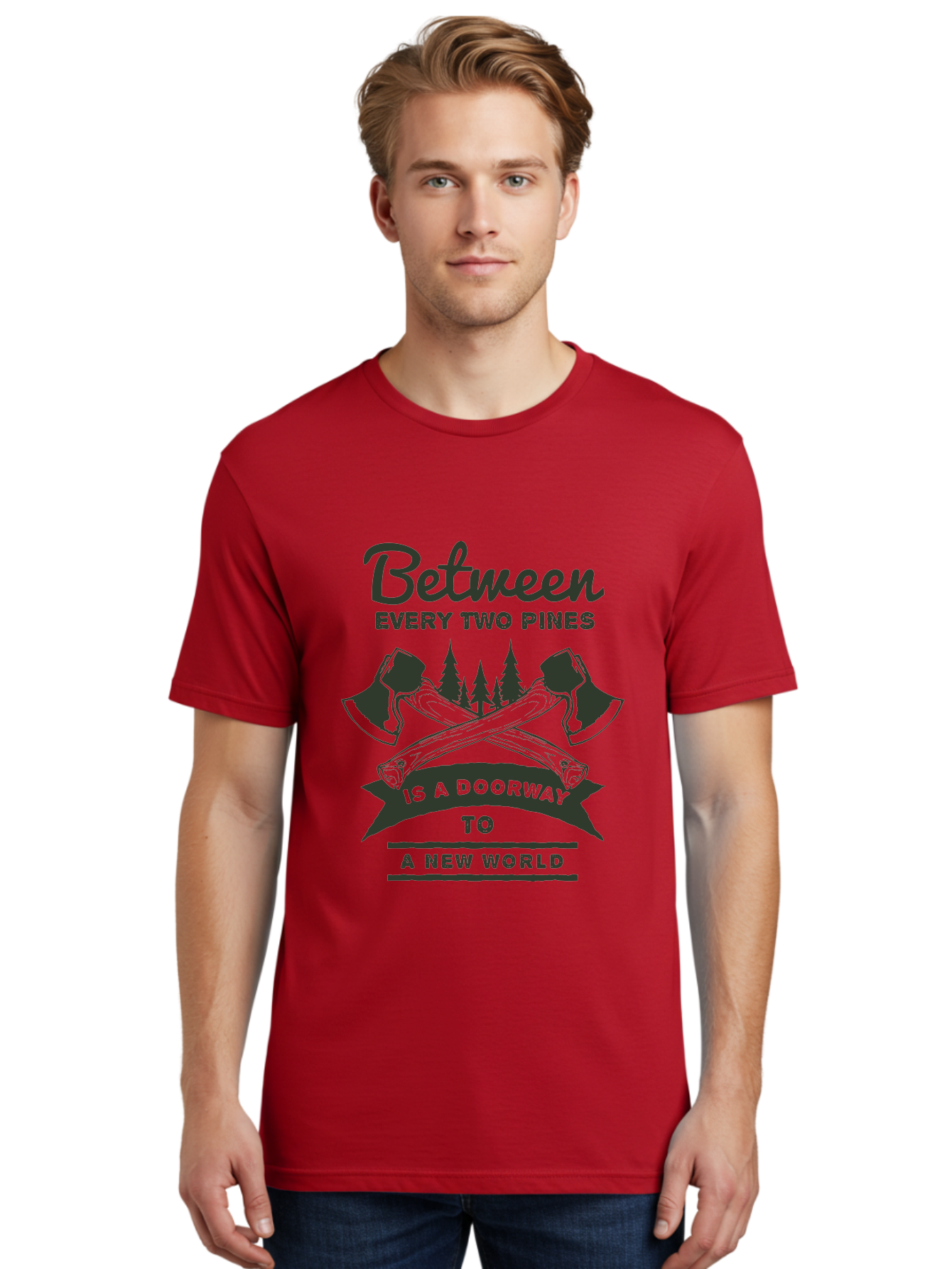 A New World Men'S Graphic Tee, 100% Cotton, Comfortable Casual Summer Wear, Machine Washable, Crossed Axes, Pine Trees, Doorway To A New World, Adventure, Exploration, Wilderness, Outdoors, Travel, Journey, New Beginnings Aae091