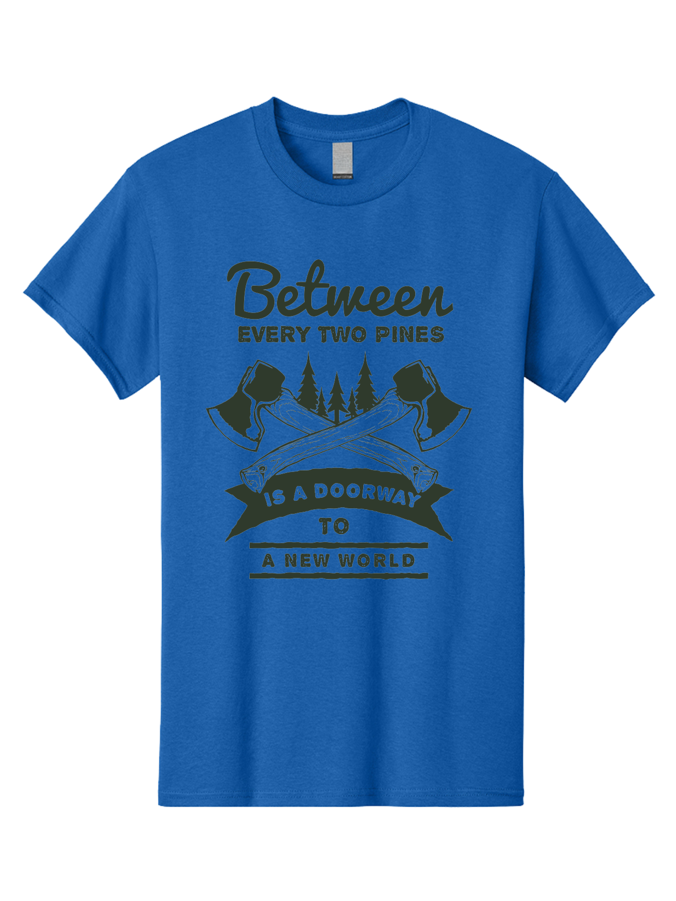 A New World Men'S Graphic Tee, 100% Cotton, Comfortable Casual Summer Wear, Machine Washable, Crossed Axes, Pine Trees, Doorway To A New World, Adventure, Exploration, Wilderness, Outdoors, Travel, Journey, New Beginnings Aae091