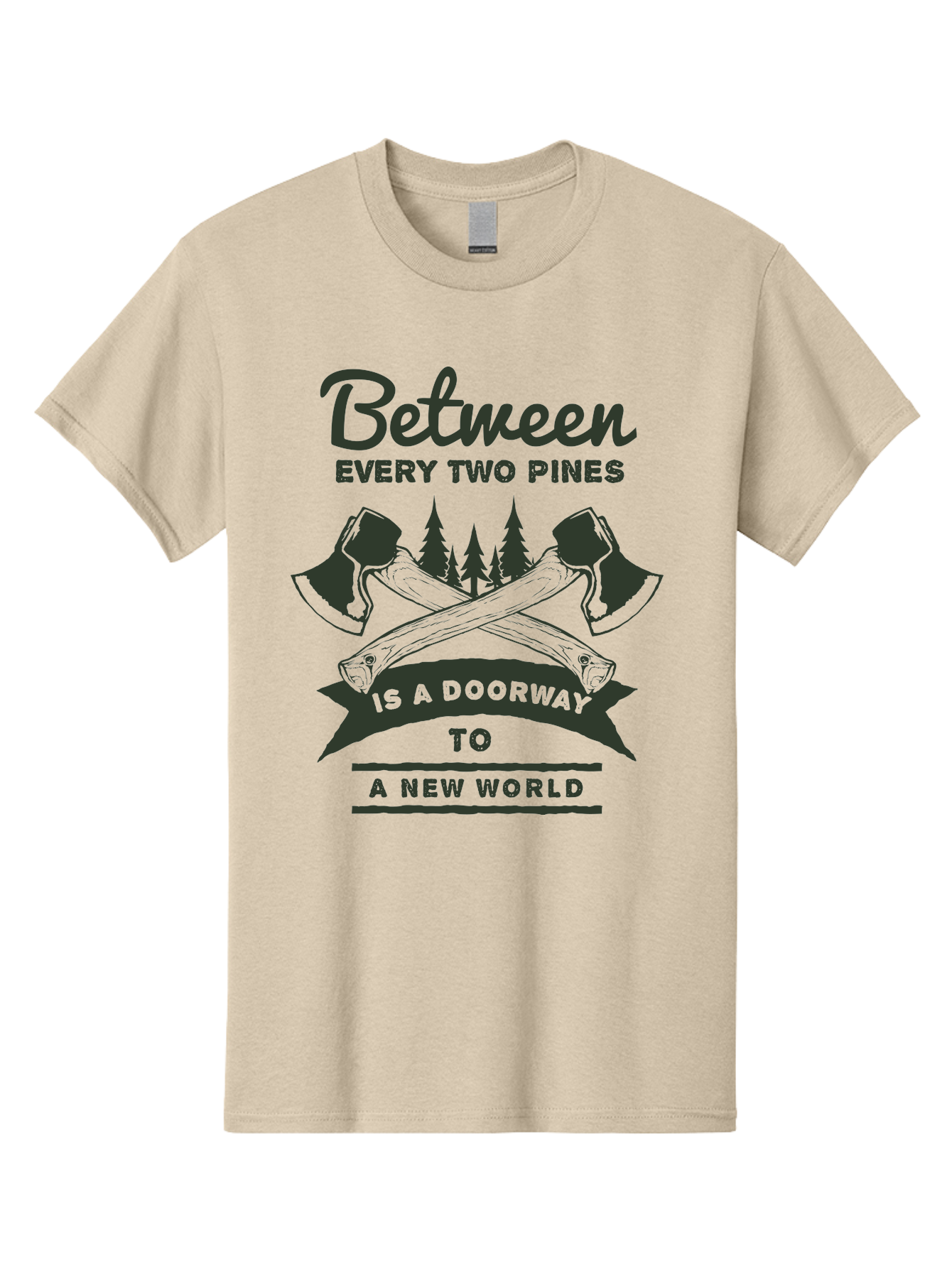 A New World Men'S Graphic Tee, 100% Cotton, Comfortable Casual Summer Wear, Machine Washable, Crossed Axes, Pine Trees, Doorway To A New World, Adventure, Exploration, Wilderness, Outdoors, Travel, Journey, New Beginnings Aae091