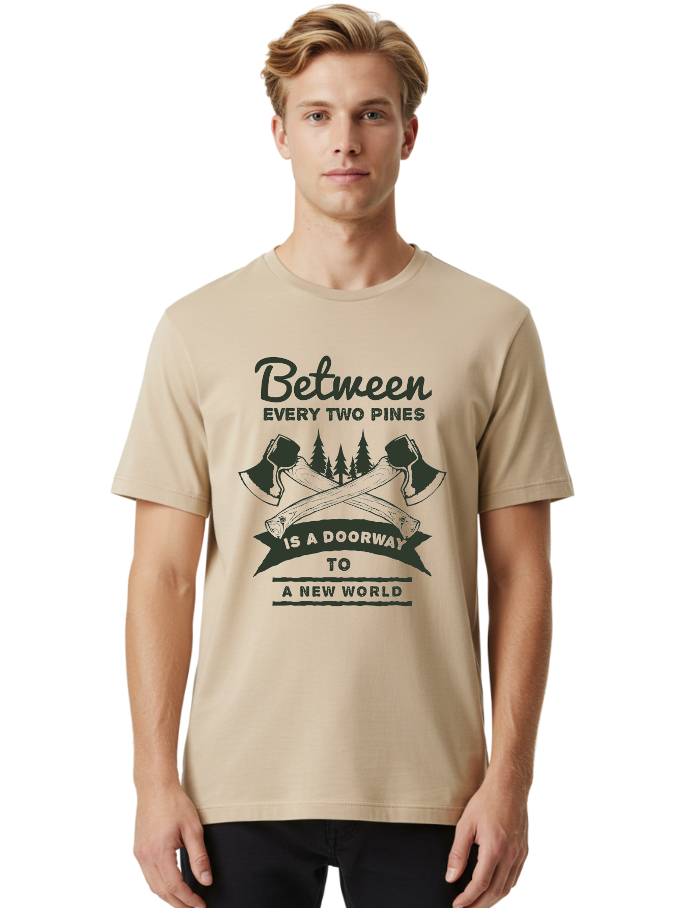 A New World Men'S Graphic Tee, 100% Cotton, Comfortable Casual Summer Wear, Machine Washable, Crossed Axes, Pine Trees, Doorway To A New World, Adventure, Exploration, Wilderness, Outdoors, Travel, Journey, New Beginnings Aae091
