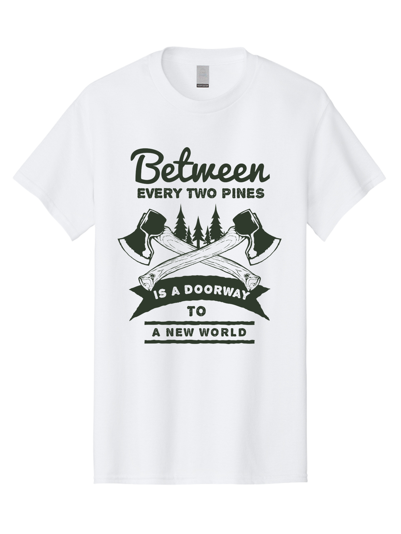 A New World Men'S Graphic Tee, 100% Cotton, Comfortable Casual Summer Wear, Machine Washable, Crossed Axes, Pine Trees, Doorway To A New World, Adventure, Exploration, Wilderness, Outdoors, Travel, Journey, New Beginnings Aae091
